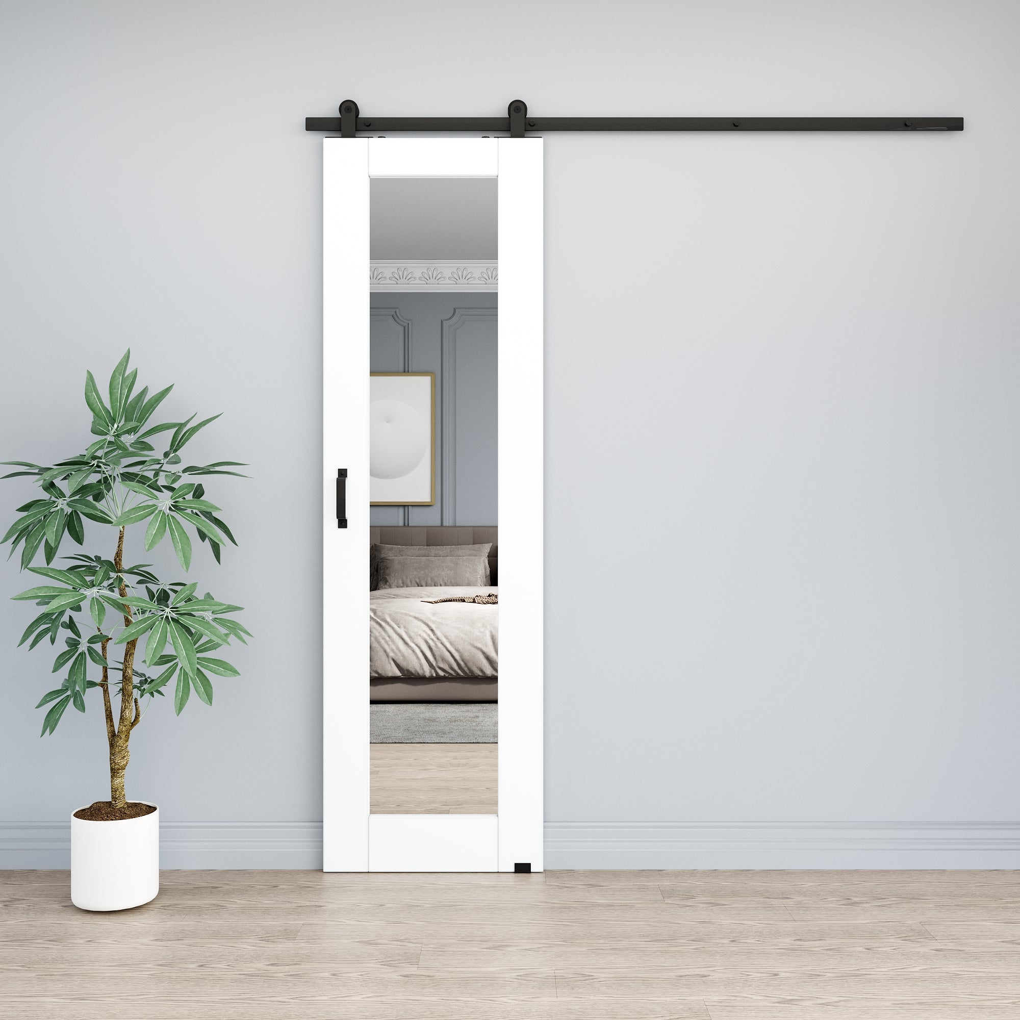 Ark Design 1-Lite Mirrored Glass White Primed Top Mounted Sliding Barn Door with Hardware Kit