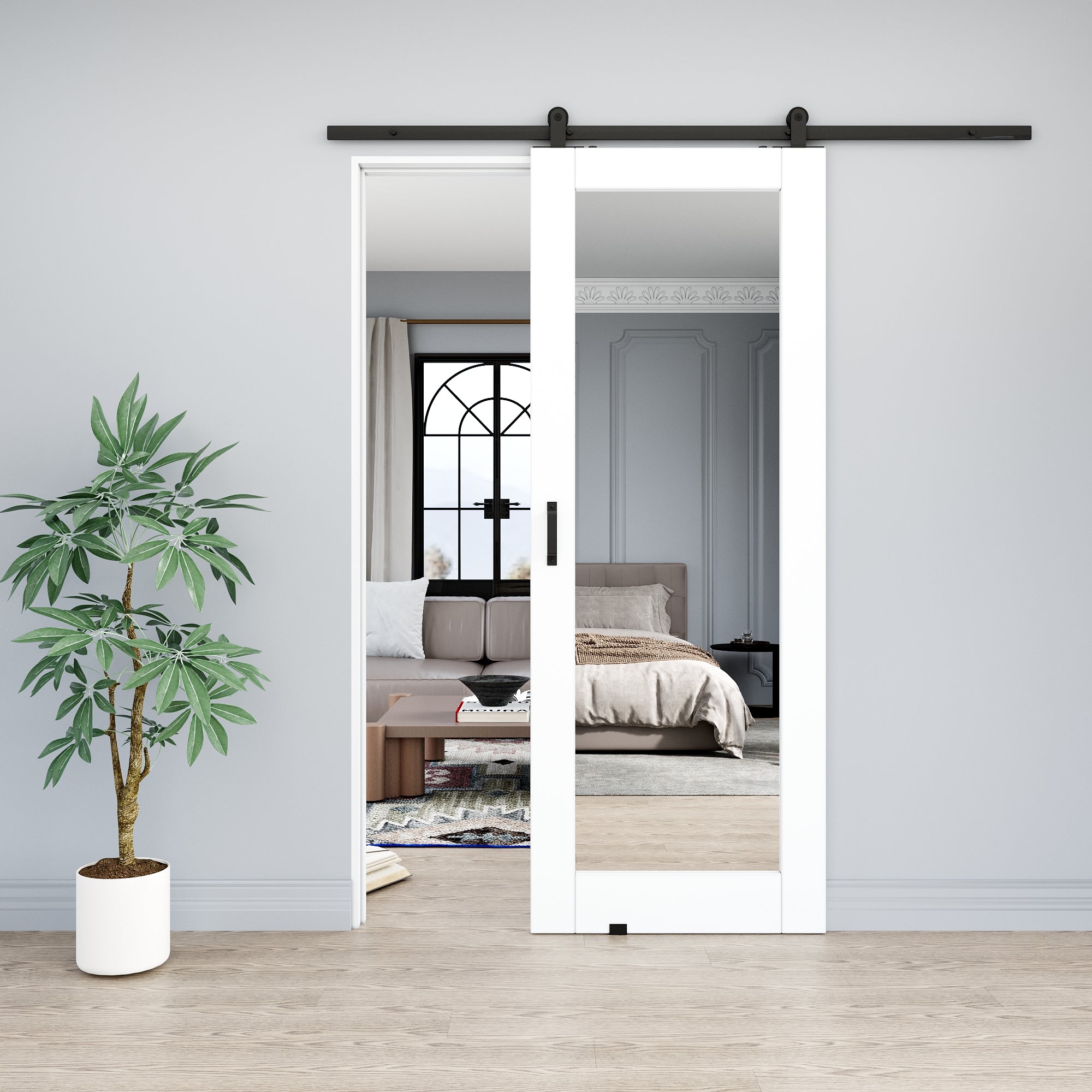 Ark Design 1-Lite Mirrored Glass White Primed Top Mounted Sliding Barn Door with Hardware Kit