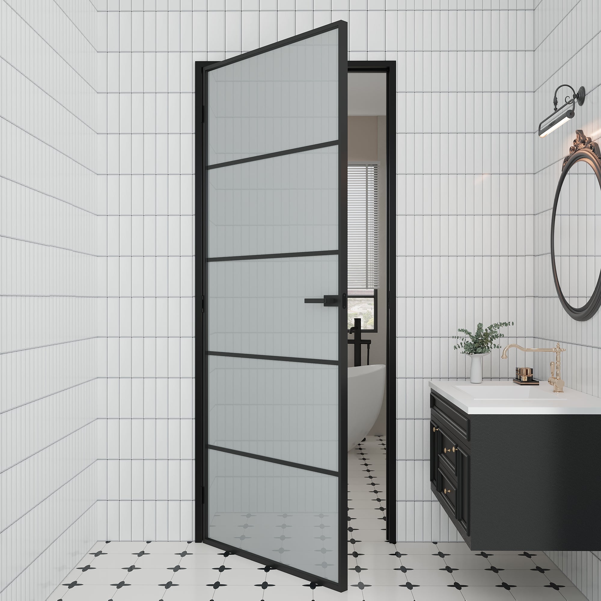 Ark Design 5-Lite Frosted Glass Aluminum Interior Door Slab with Prehung Aluminum Jamb and Lockset, Black Door Interior, Metal Swing Doors