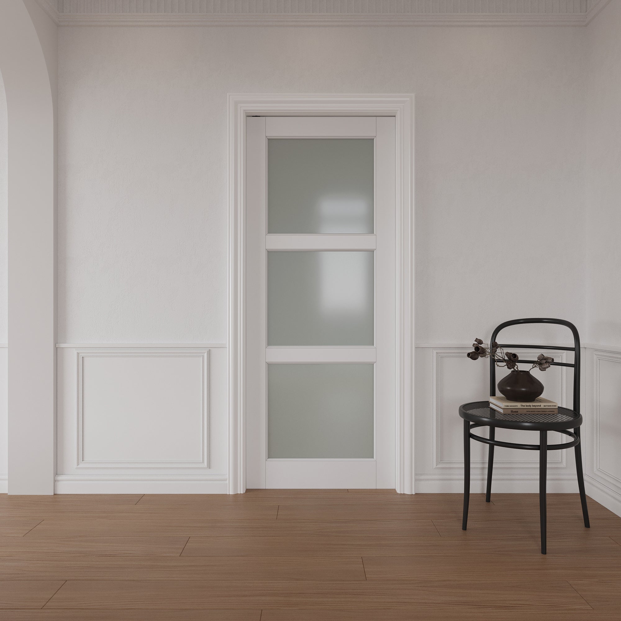 Ark Design 3-Lite Tempered Frosted Glass Pocket Door with Hardware Kit & Soft Close & Frame, Solid Core MDF Wood & Paint-grade Finished, White