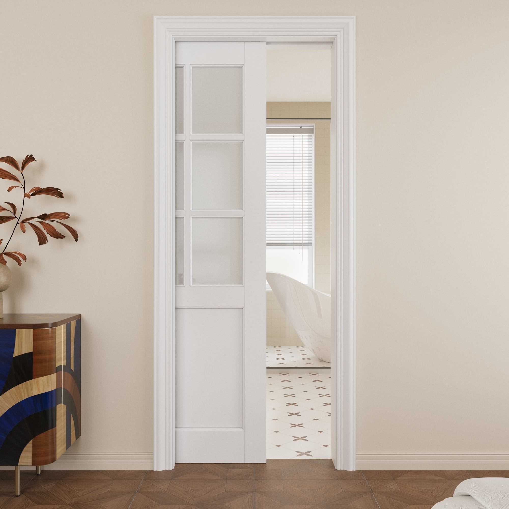 Ark Design 6-Lite Frosted Glass Pocket Door with Hardware Kit & Soft Close & Frame, MDF Wood & Paint-grade Finished, White