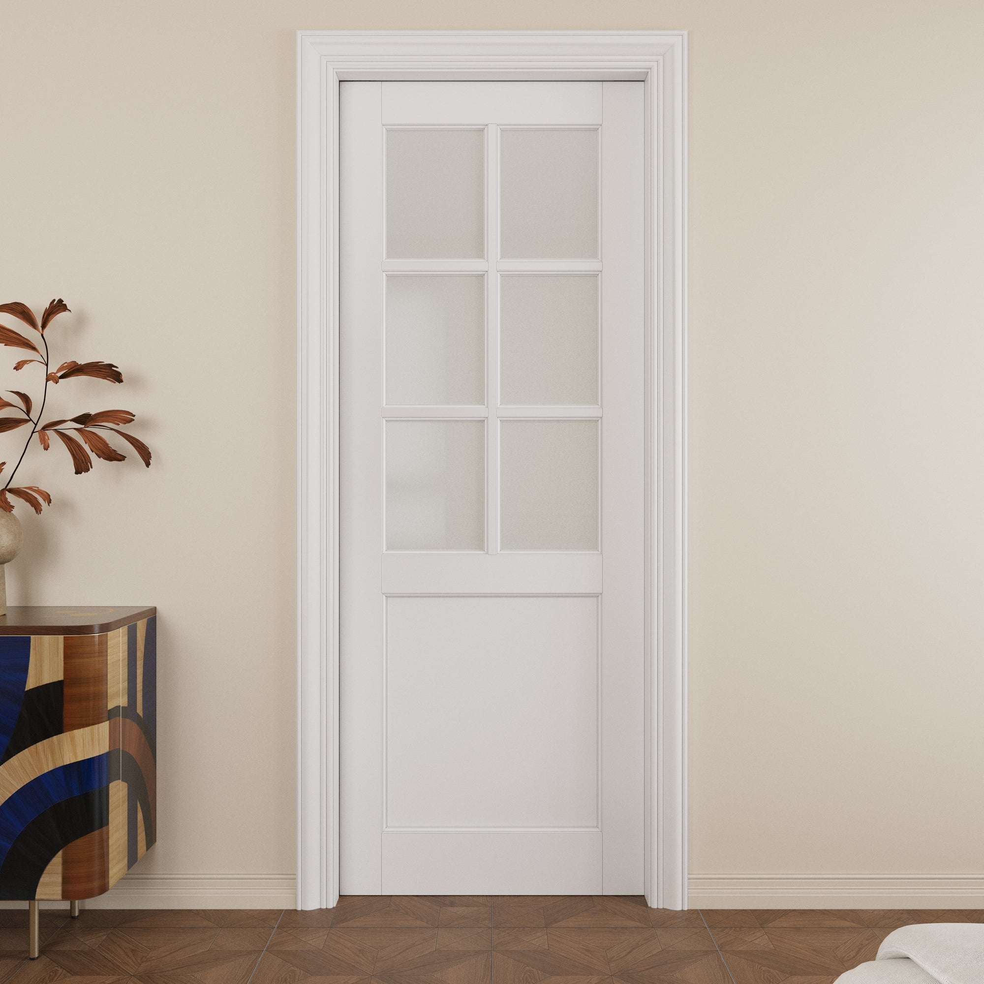 Ark Design 6-Lite Frosted Glass Pocket Door with Hardware Kit & Soft Close & Frame, MDF Wood & Paint-grade Finished, White