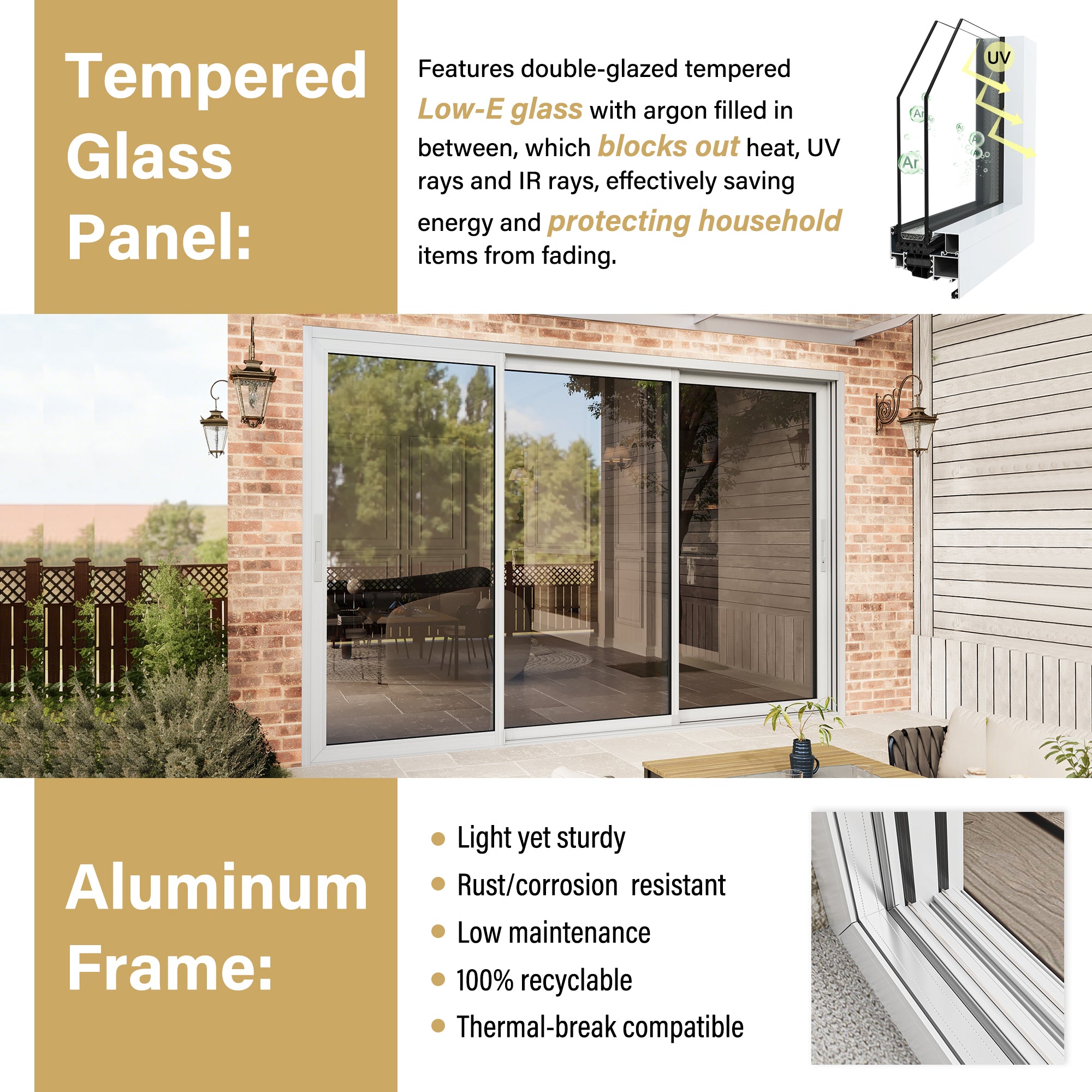 3 Panel Matte White Aluminum Multi-Sliding Patio Door with Double Glazed Low-E Glass