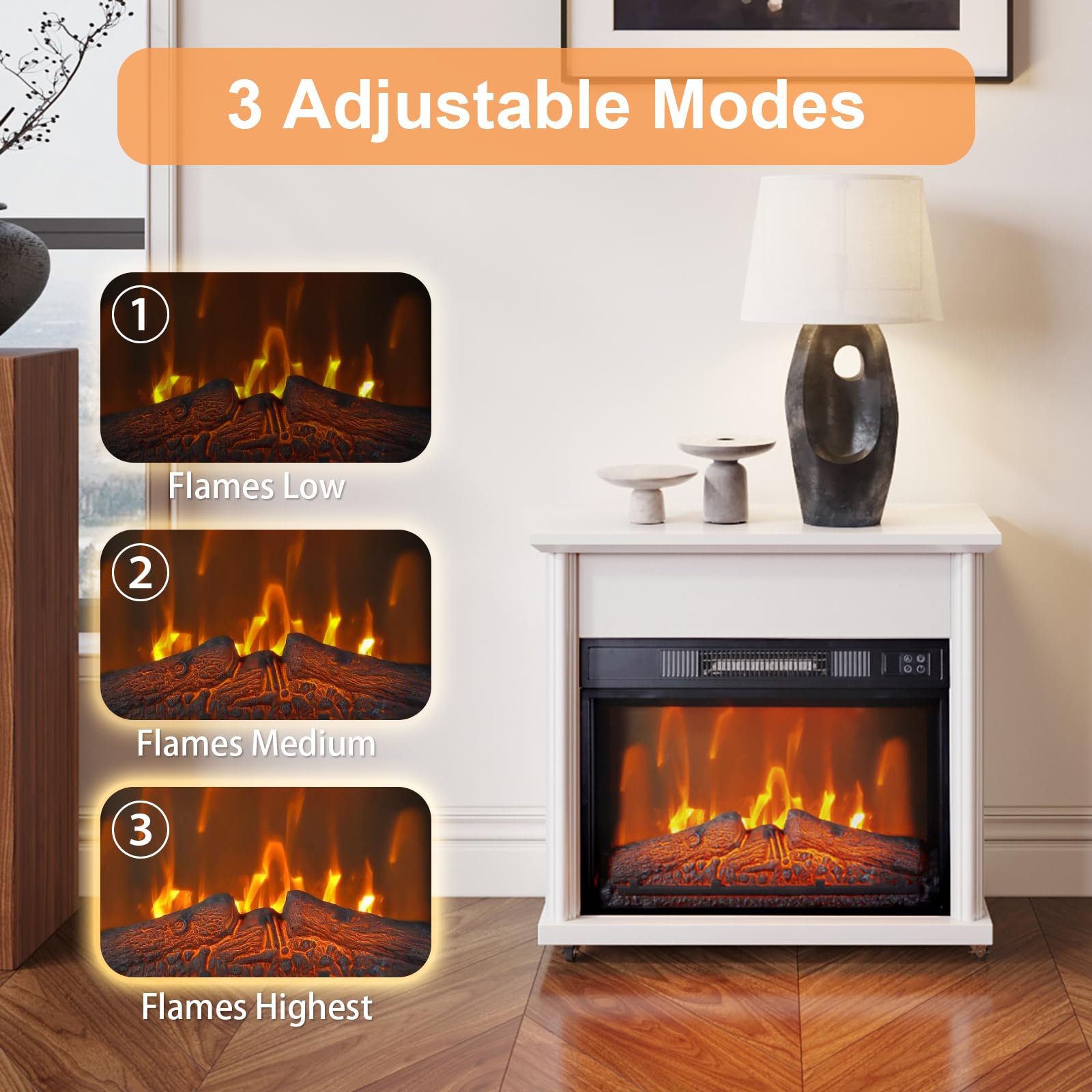 Electric Fireplace Mantel with 23" Fireplace Insert, Small Wooden Surround Firebox TV Stand Faux Log with Removable Wheels, Remote Control Adjustable Led Flame 750W-1500W, White