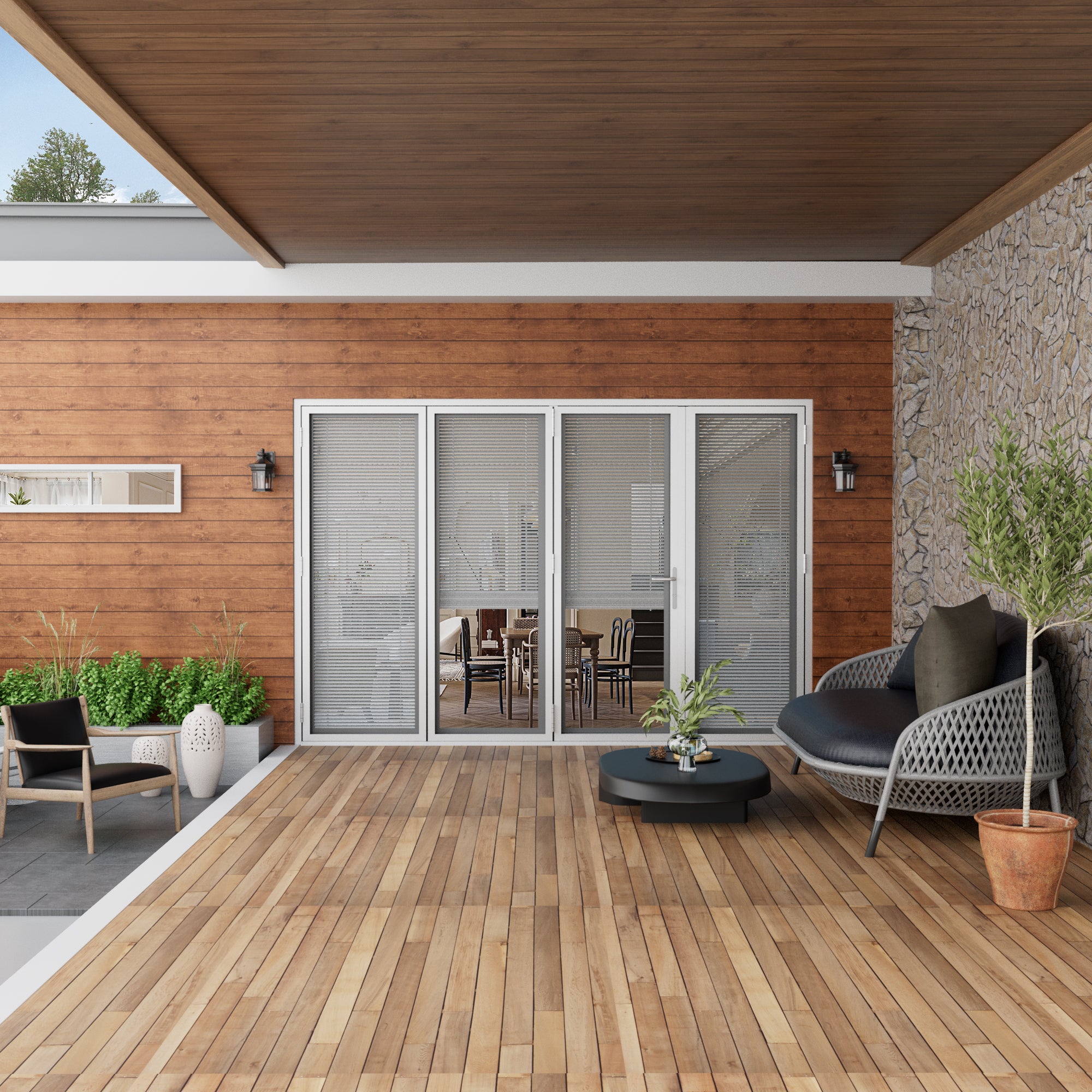 Ark Design 4 Panel Center Opening Outswing Double Louver White Aluminum Folding Patio Door