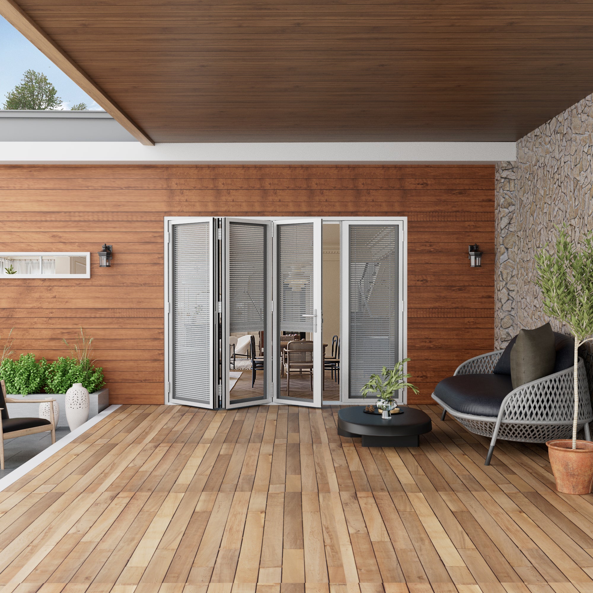 Ark Design 4 Panel Center Opening Outswing Double Louver White Aluminum Folding Patio Door
