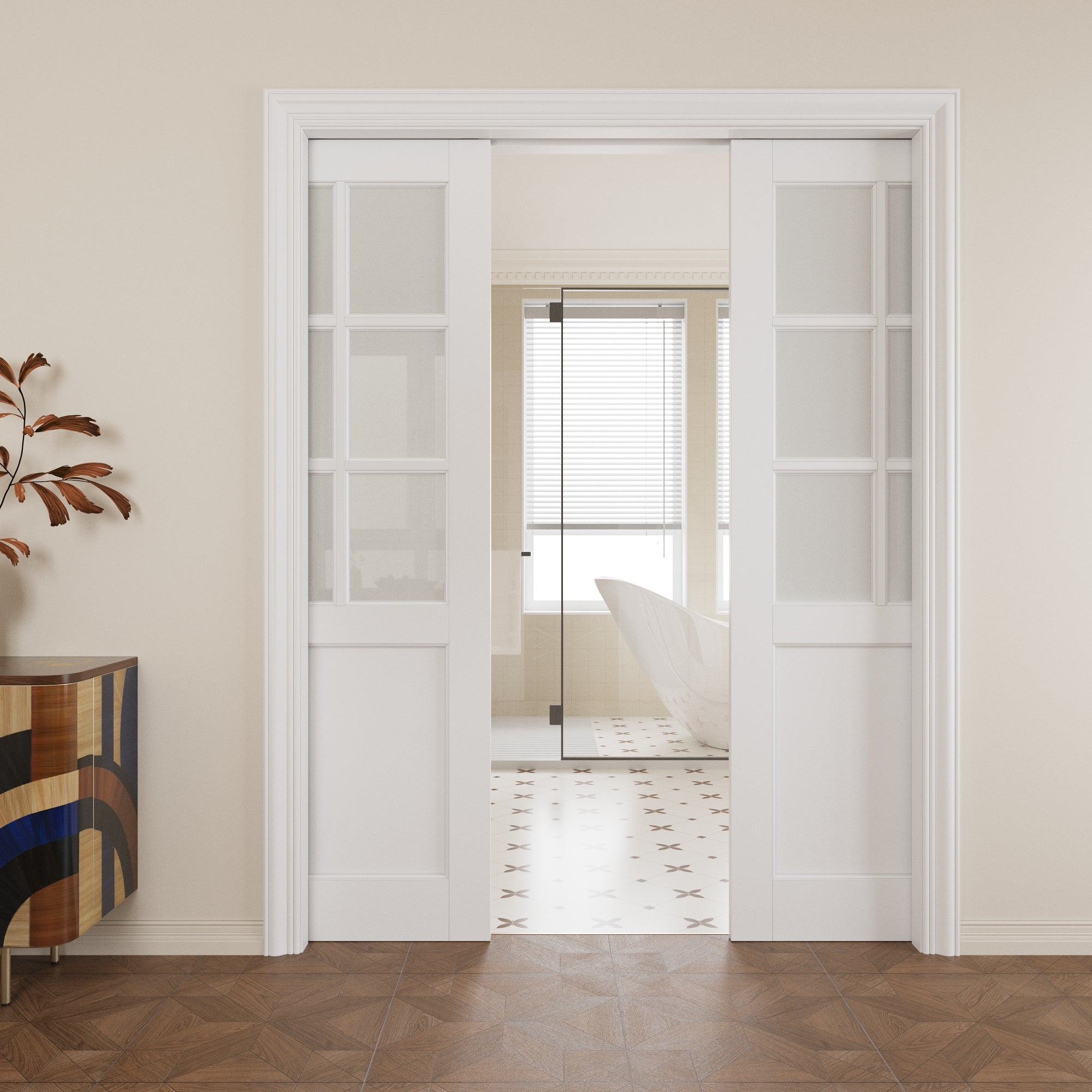 Ark Design 6-Lite Frosted Glass Pocket Door with Hardware Kit & Soft Close & Frame, MDF Wood & Paint-grade Finished, White