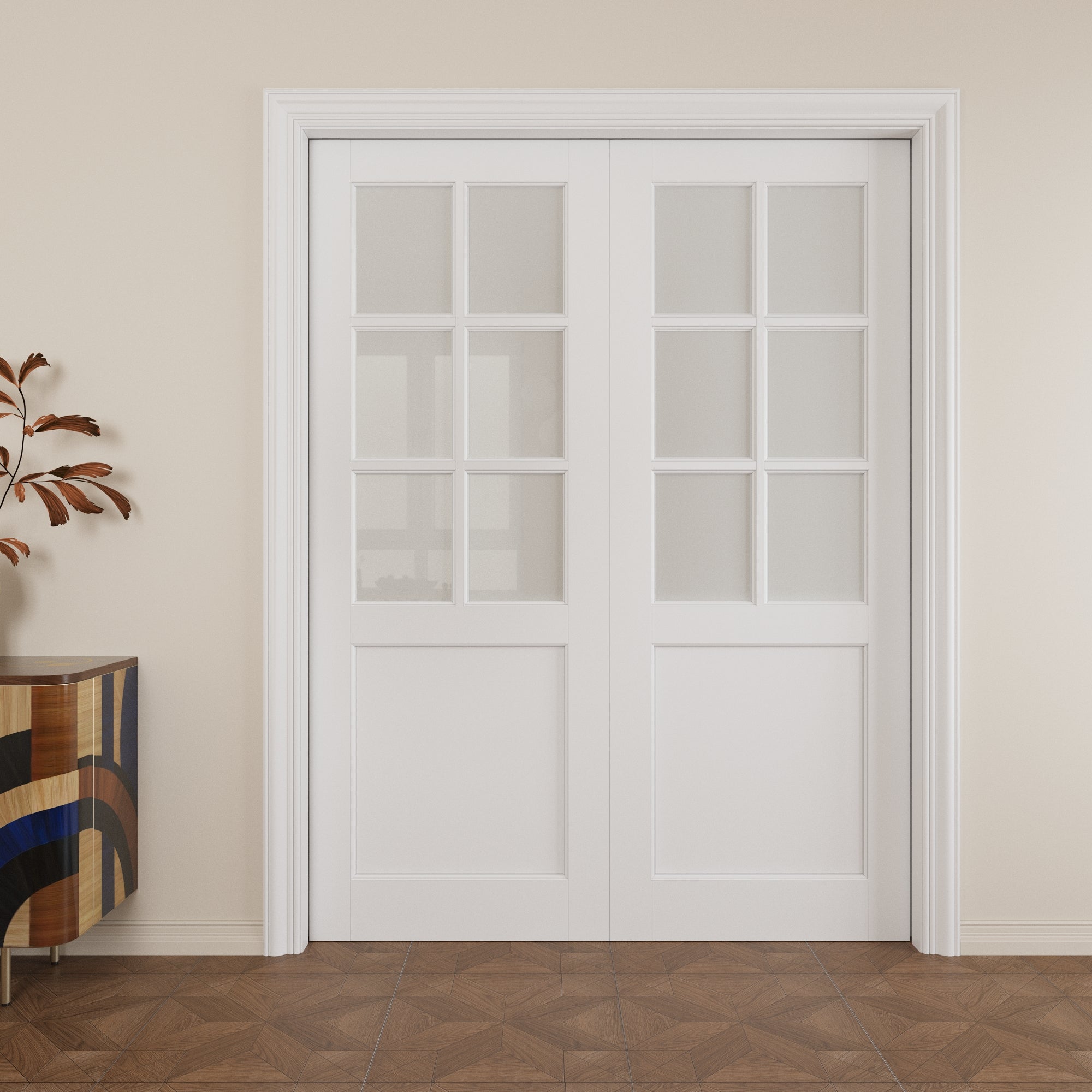 Ark Design 6-Lite Frosted Glass Pocket Door with Hardware Kit & Soft Close & Frame, MDF Wood & Paint-grade Finished, White