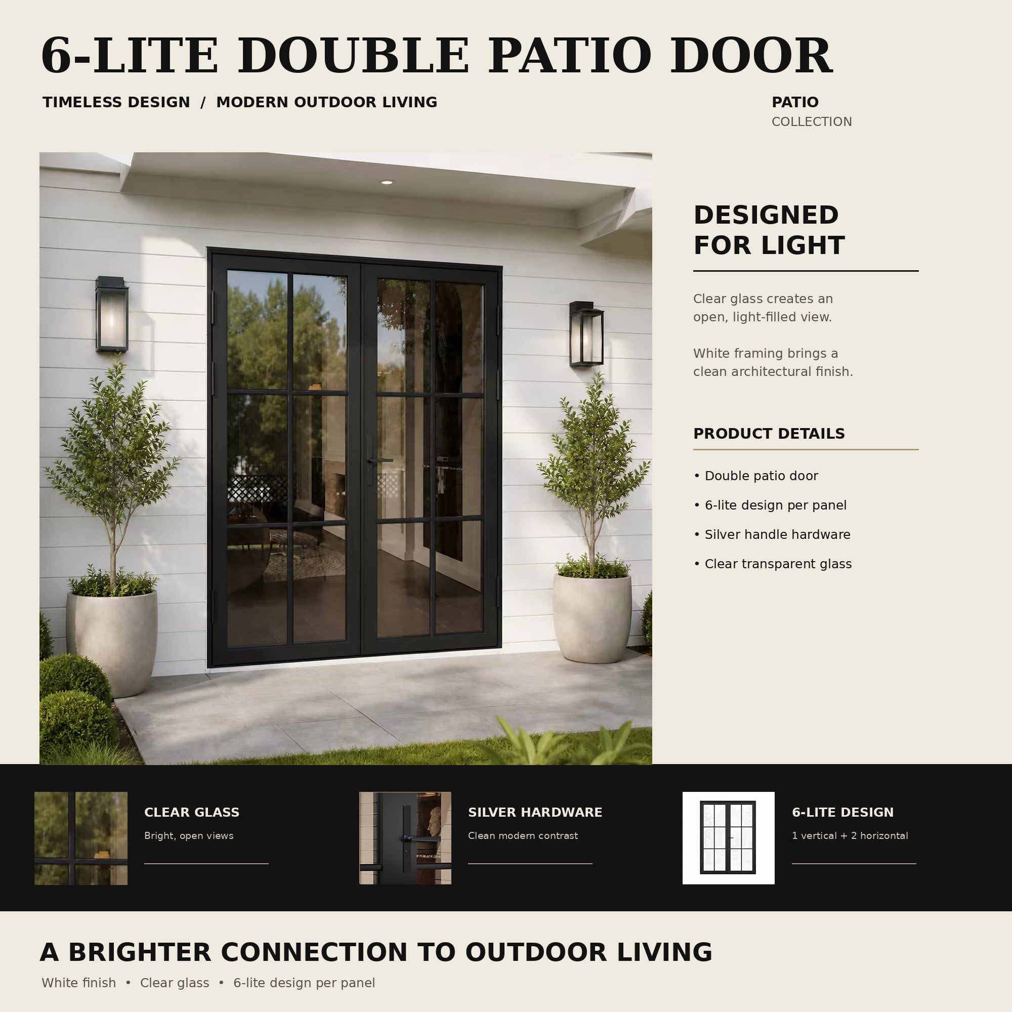 Ark Design French Double Black Aluminum Patio Door with 6-Lite Tempered Clear Glass