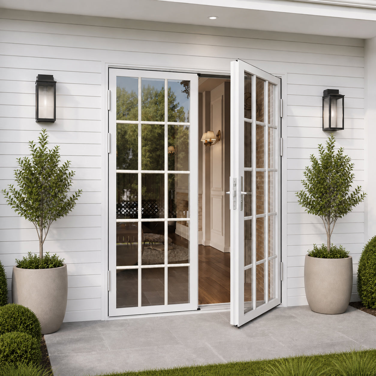 Ark Design French Double White Aluminum Patio Door with 15-Lite Tempered Clear Glass