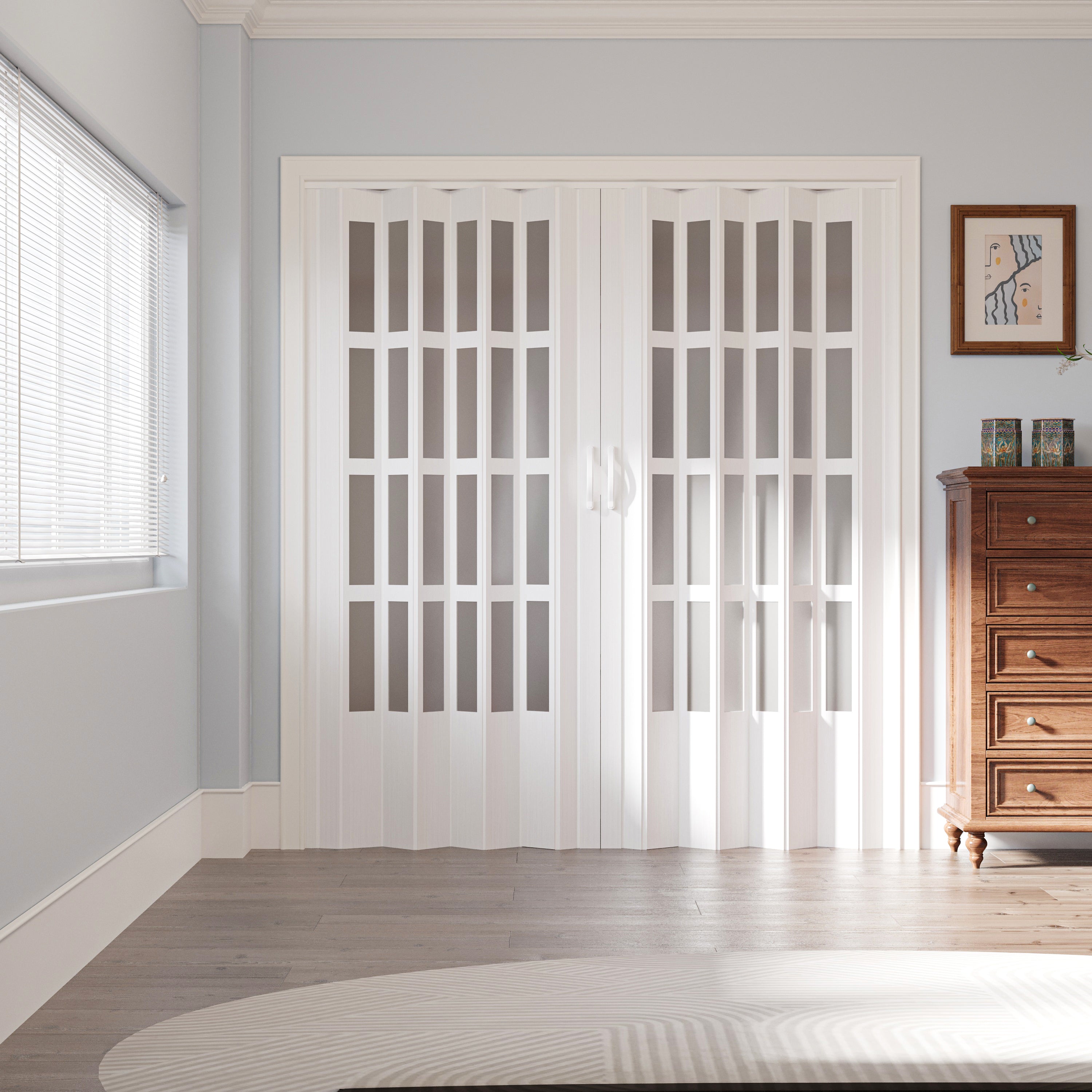 Ark Design Upgrade Dual Layer Vinyl Accordion Door with Handles and Magnetic Door Lock, 4-Lite Frosted Acrylic Glass, White