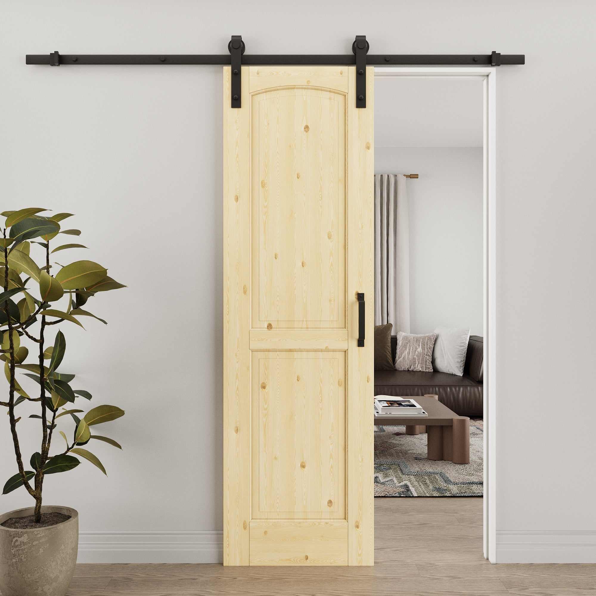 Ark Design Arch 2-Panel Unfinished Solid Core Pine Wood Sliding Barn Door with Hardware Kit
