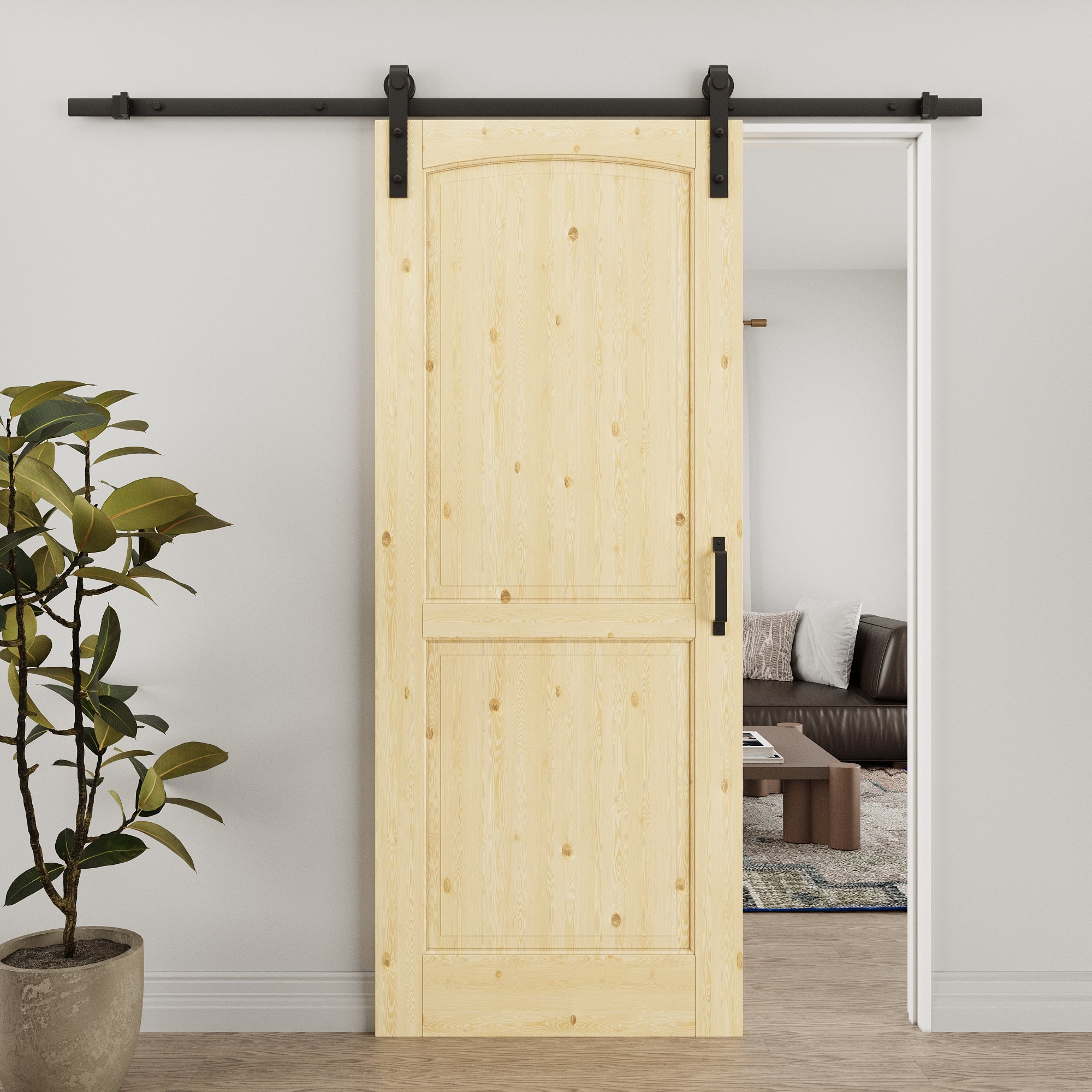 Ark Design Arch 2-Panel Unfinished Solid Core Pine Wood Sliding Barn Door with Hardware Kit