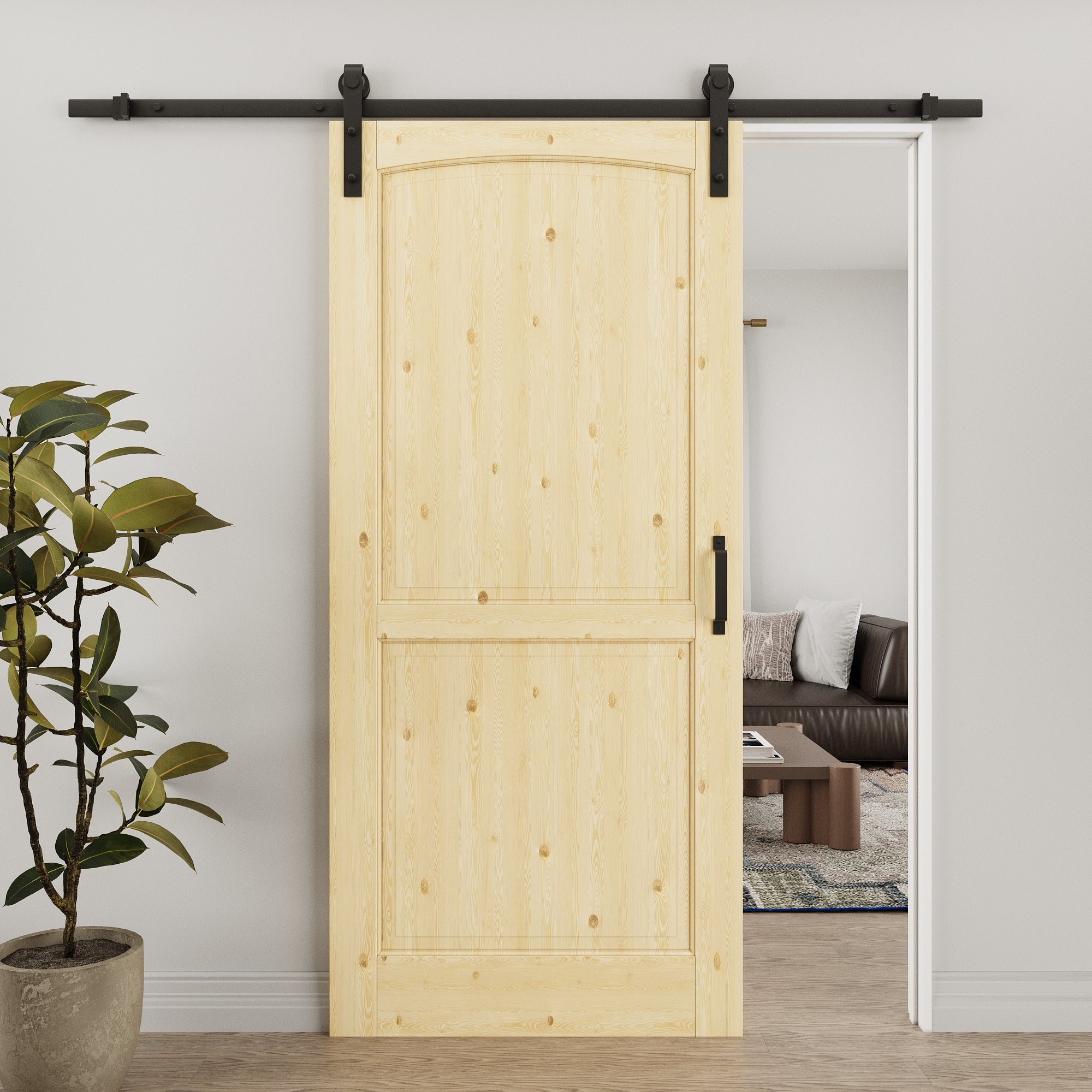 Ark Design Arch 2-Panel Unfinished Solid Core Pine Wood Sliding Barn Door with Hardware Kit