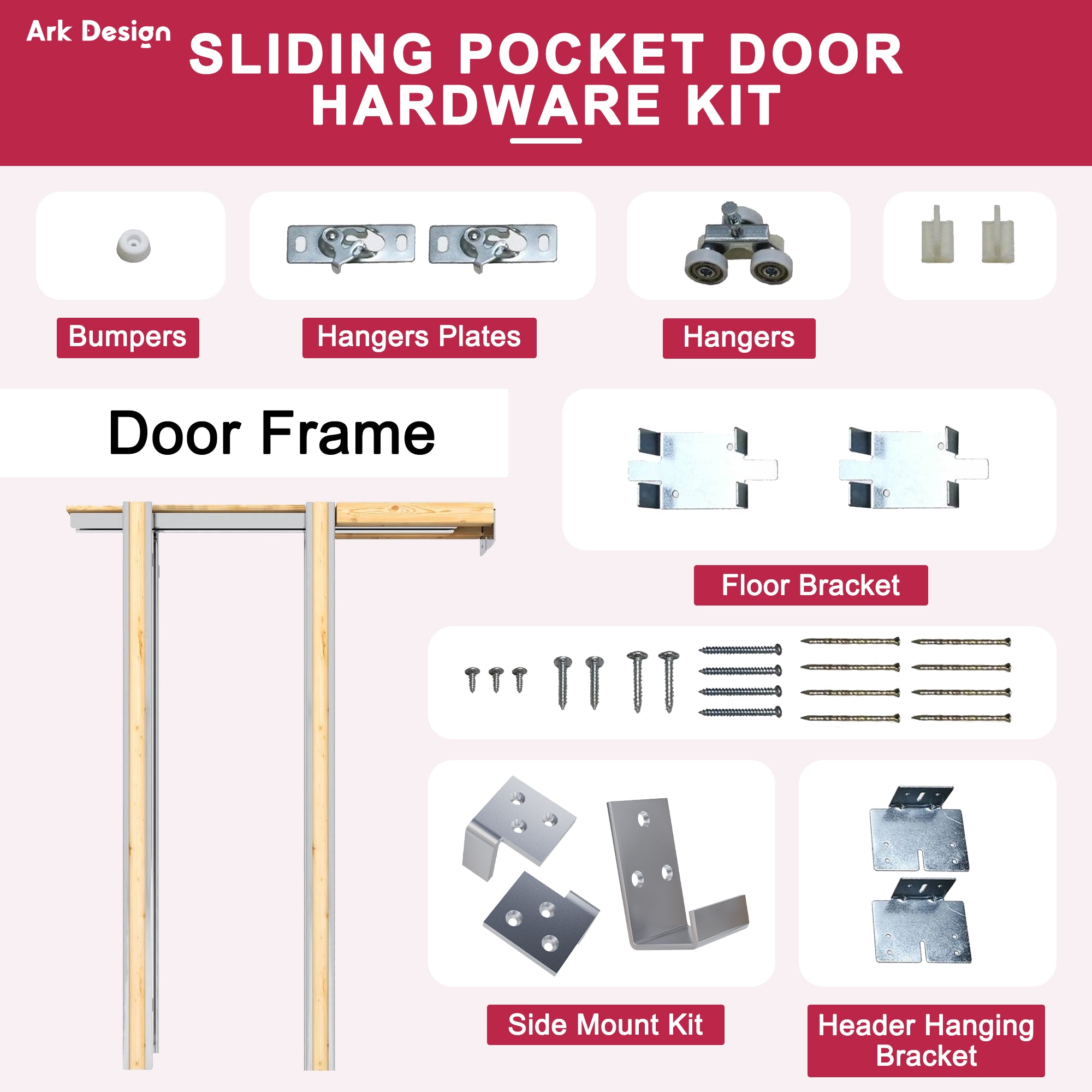 Ark Design 1 Lite Clear Glass Double Bypass Pocket Door with Hardware Kit & Soft Close & Frame, Solid Core MDF Wood & Paint-grade Finished, White