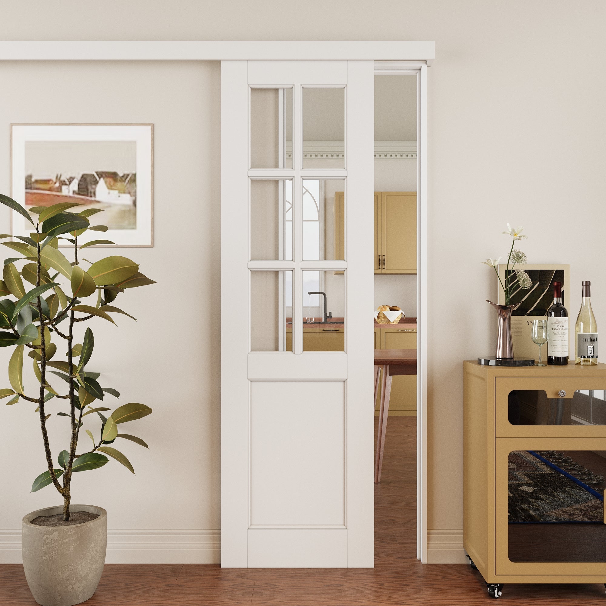 Ark Design Hidden Track Style 6 Lite Tempered Clear Glass Primed MDF Sliding Barn Door with Hardware Kit