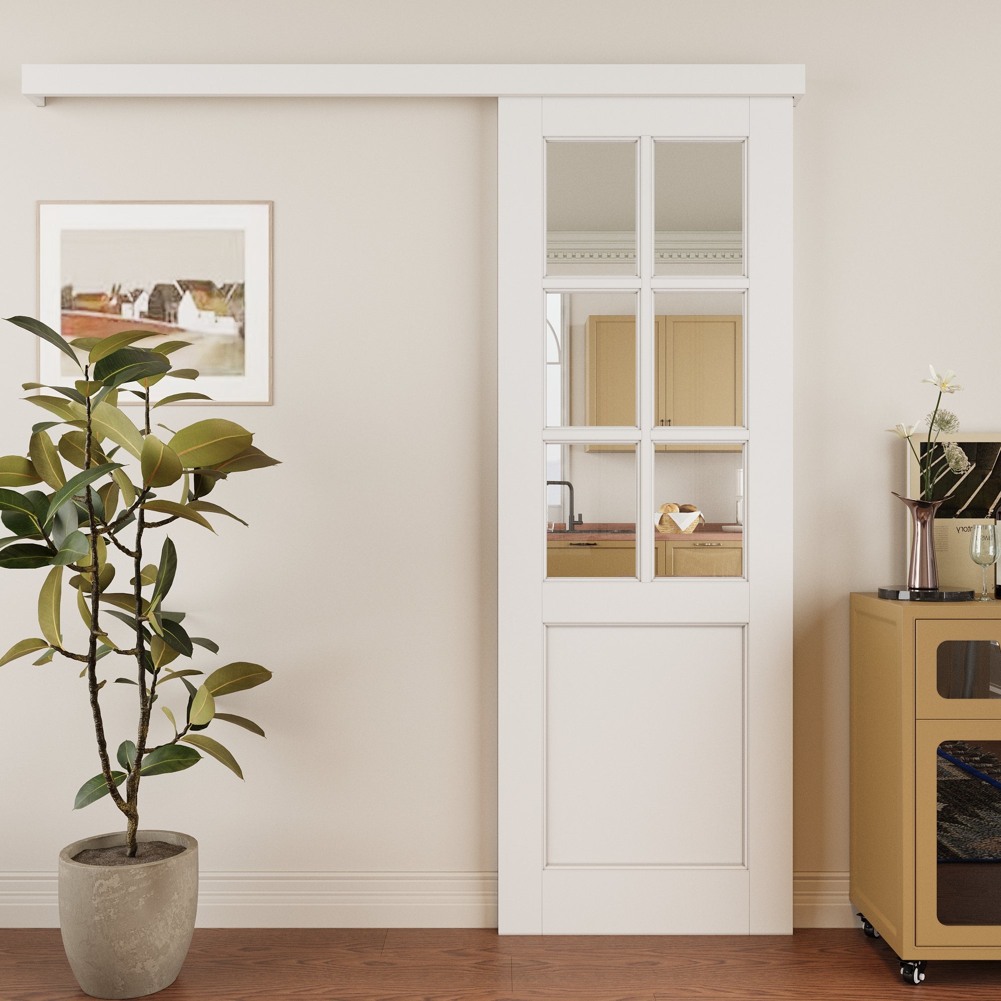 Ark Design Hidden Track Style 6 Lite Tempered Clear Glass Primed MDF Sliding Barn Door with Hardware Kit