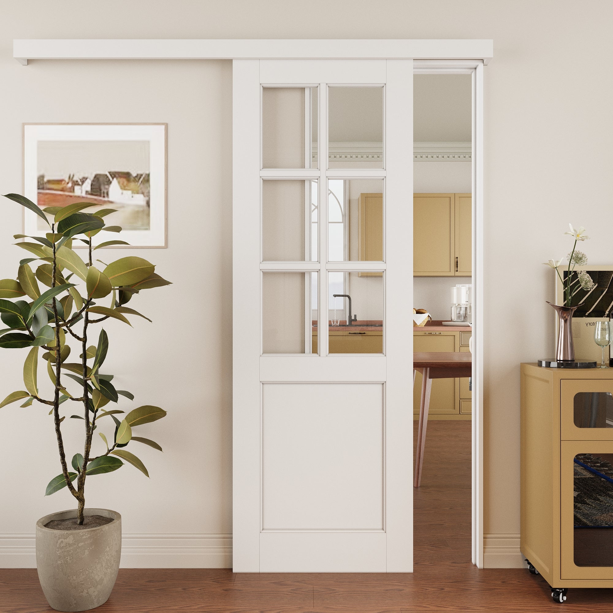 Ark Design Hidden Track Style 6 Lite Tempered Clear Glass Primed MDF Sliding Barn Door with Hardware Kit