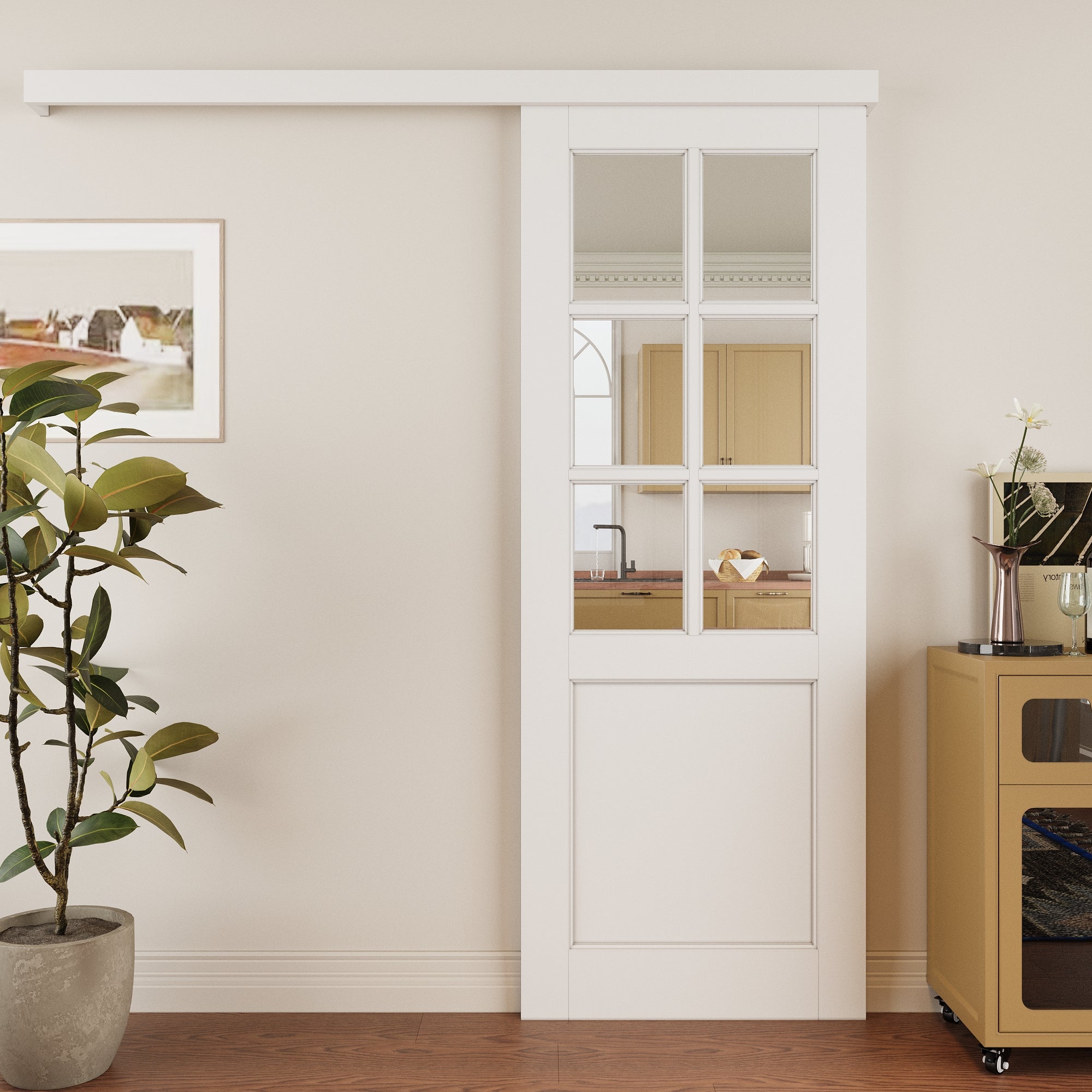 Ark Design Hidden Track Style 6 Lite Tempered Clear Glass Primed MDF Sliding Barn Door with Hardware Kit