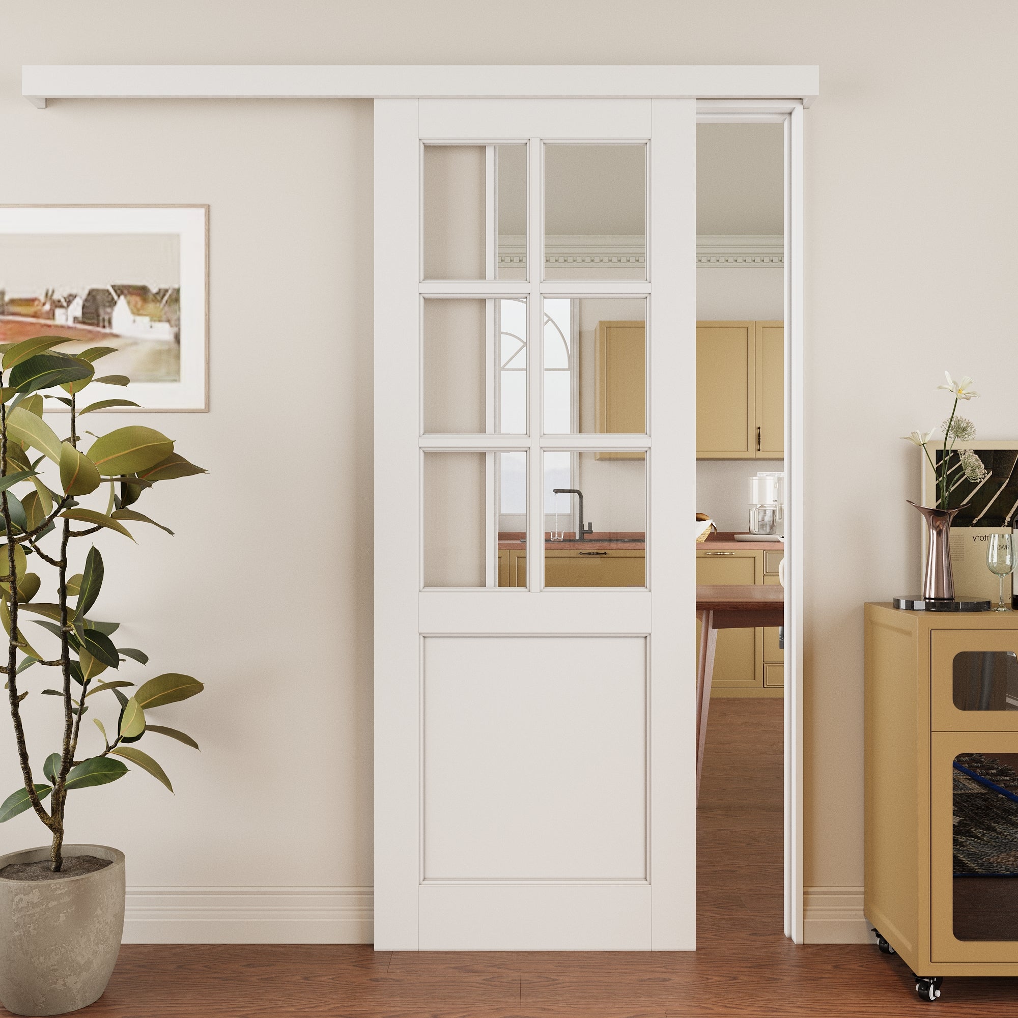 Ark Design Hidden Track Style 6 Lite Tempered Clear Glass Primed MDF Sliding Barn Door with Hardware Kit