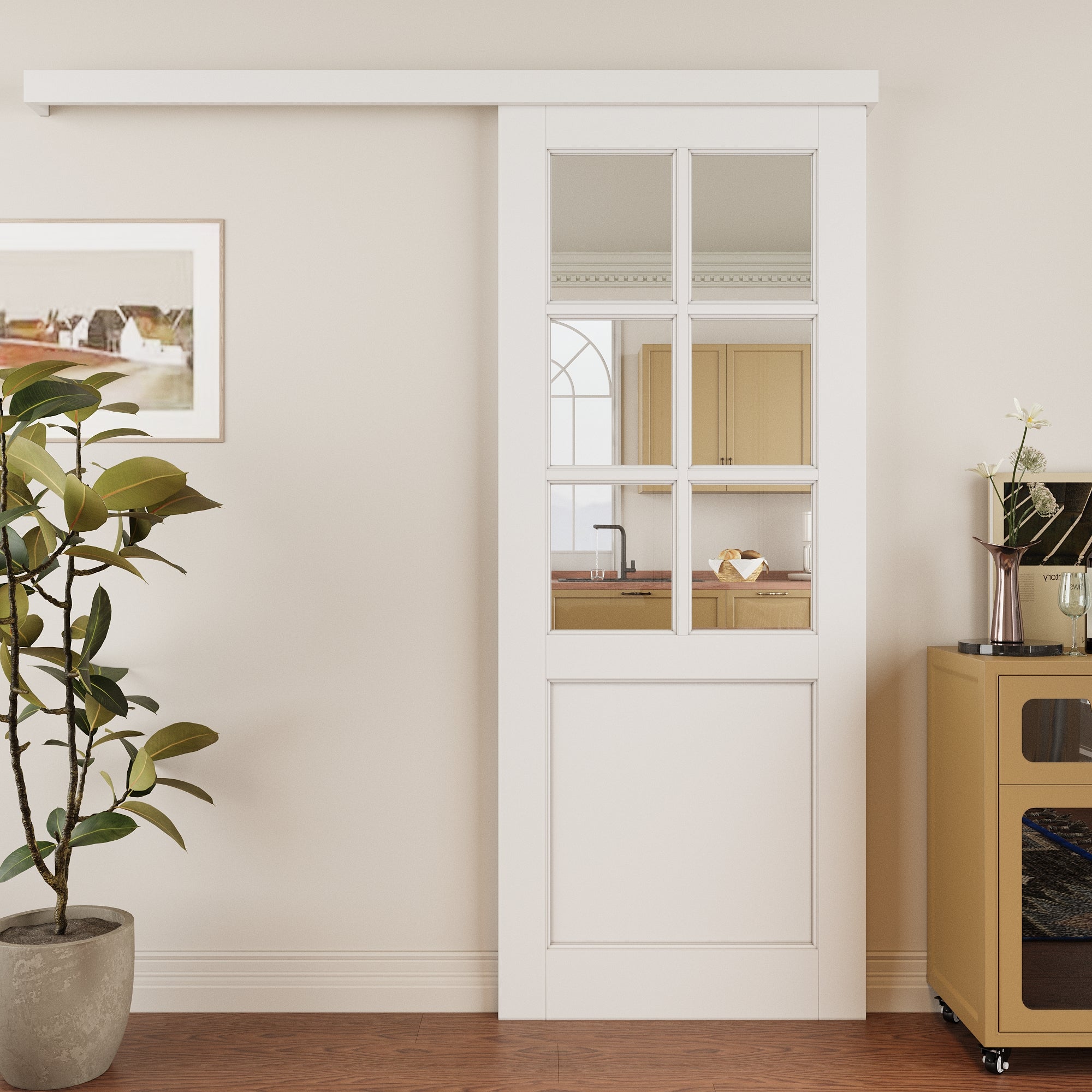 Ark Design Hidden Track Style 6 Lite Tempered Clear Glass Primed MDF Sliding Barn Door with Hardware Kit