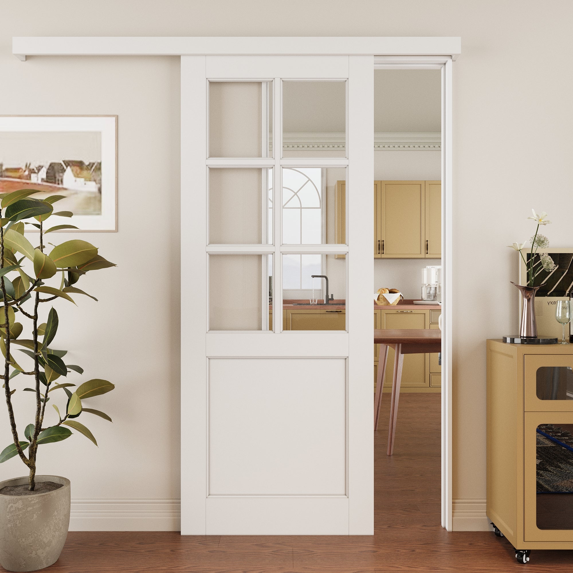 Ark Design Hidden Track Style 6 Lite Tempered Clear Glass Primed MDF Sliding Barn Door with Hardware Kit