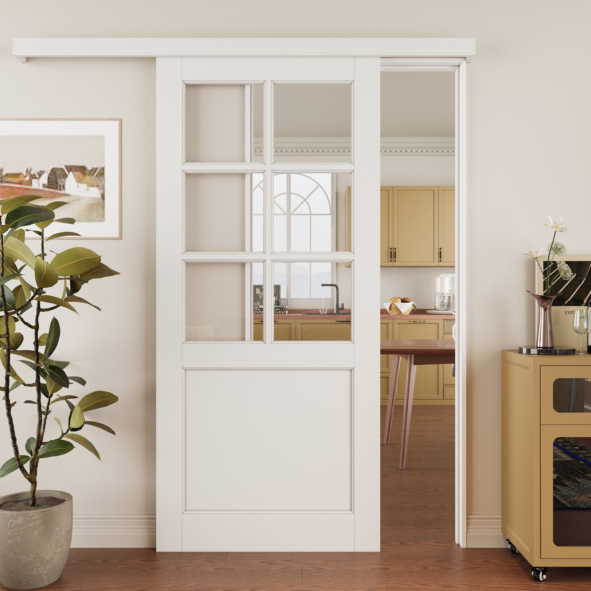 Ark Design Hidden Track Style 6 Lite Tempered Clear Glass Primed MDF Sliding Barn Door with Hardware Kit