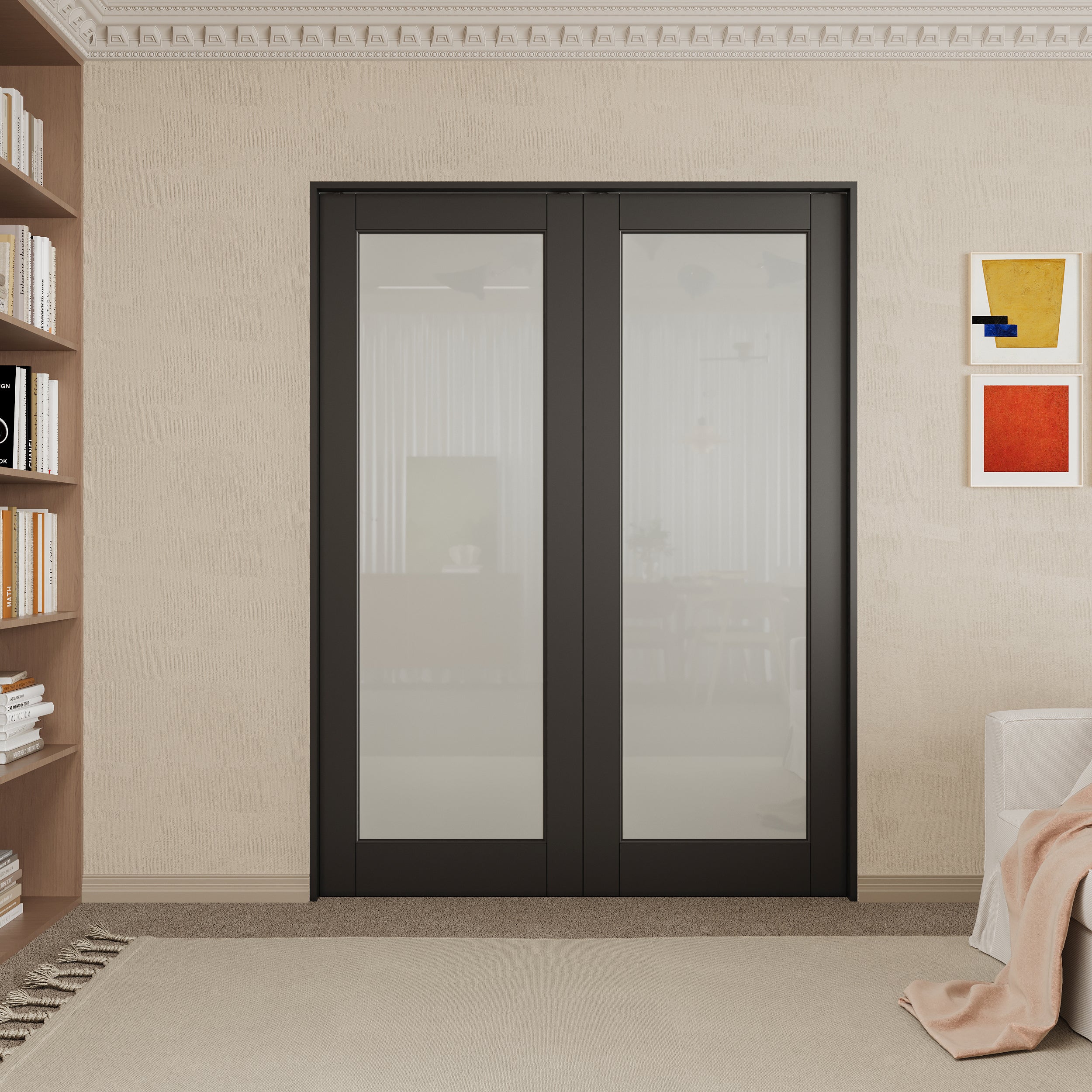 Ark Design 1-Lite Tempered Frosted Glass Pocket Door with Hardware Kit & Soft Close & Black Frame, Solid Core MDF Wood & Paint-grade Finished
