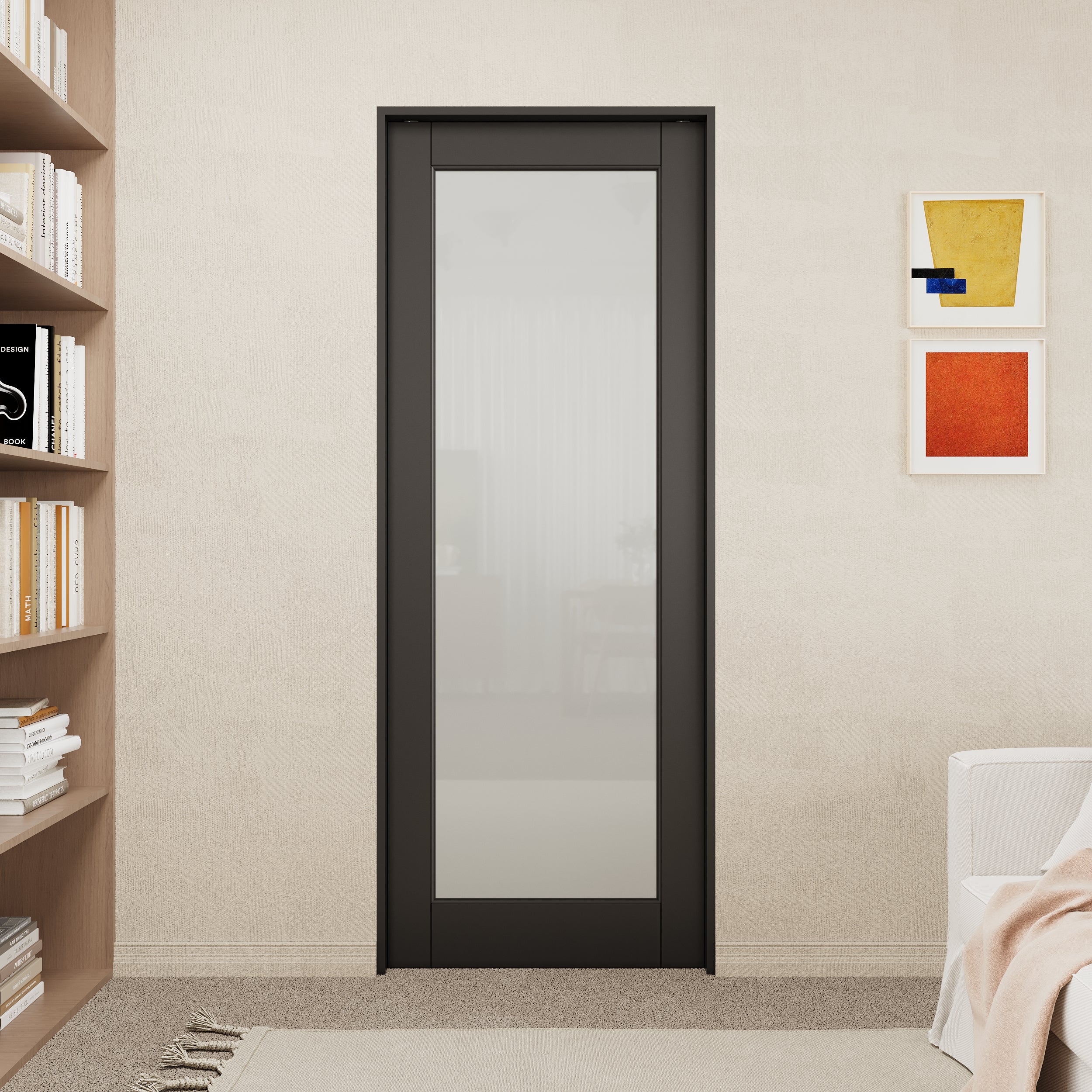 Ark Design 1-Lite Tempered Frosted Glass Pocket Door with Hardware Kit & Soft Close & Black Frame, Solid Core MDF Wood & Paint-grade Finished