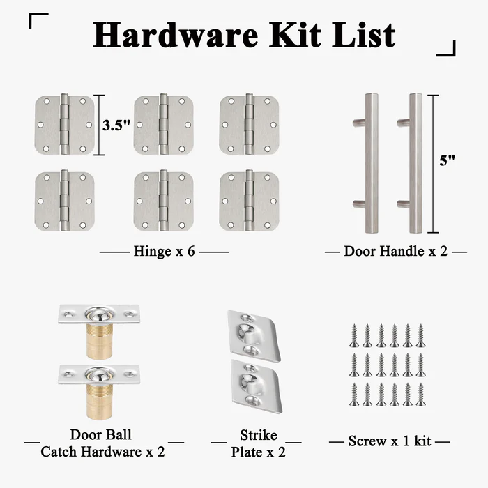 French Door Hardware Kit - Silver Ball catch & Hinges & Handles