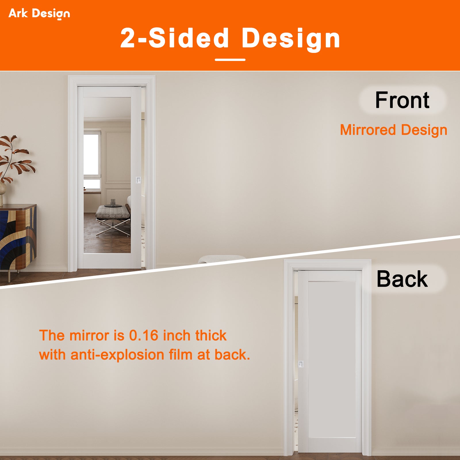 Ark Design 1-Lite One Side Mirror Pocket Door with Hardware Kit & Soft Close & Frame, Solid Core MDF Wood & Paint-grade Finished, White