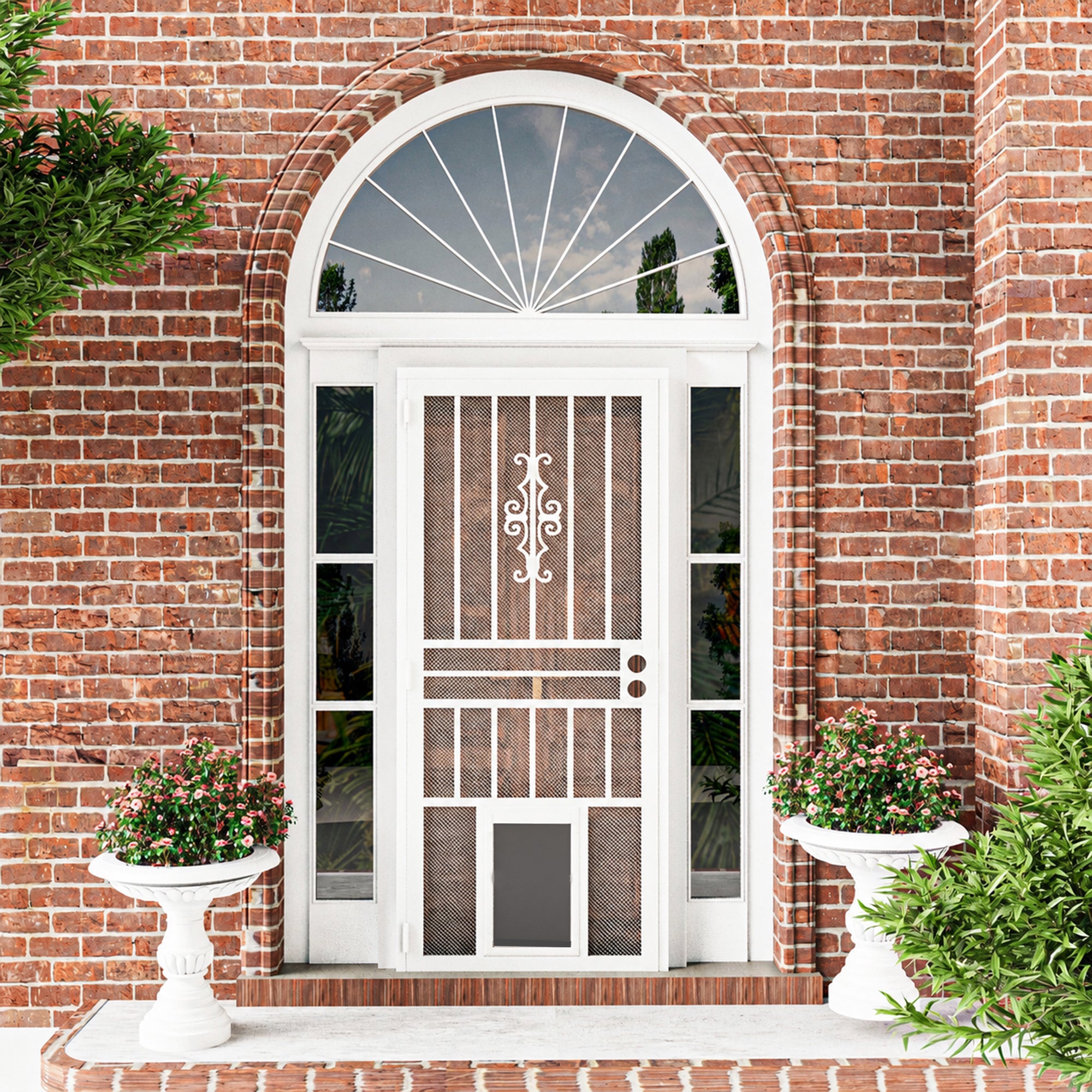 Ark Design Left Hand/Outswing Hinging White Surface Mount Steel Security Door w/Expanded Metal Screen w/Pet Door