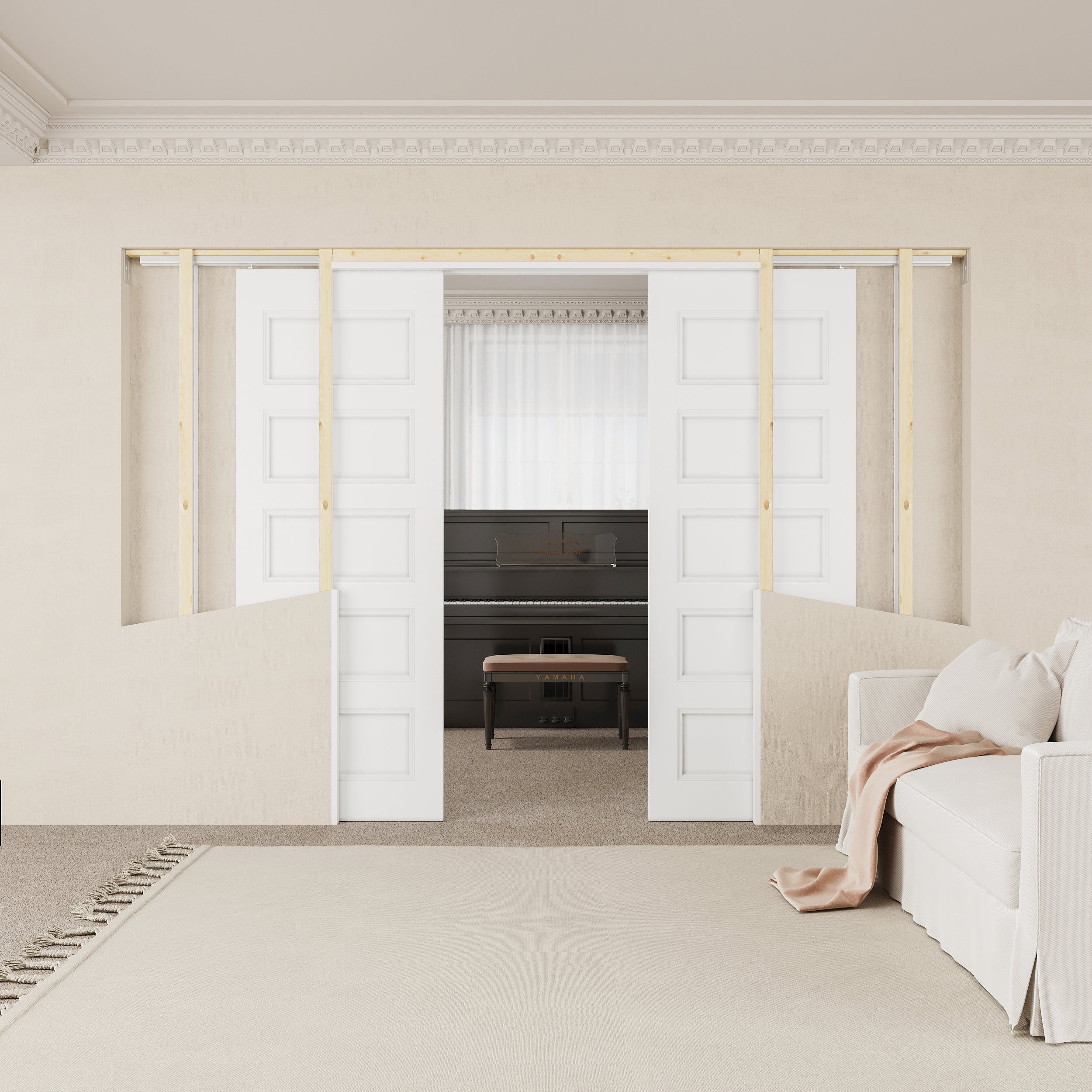 Ark Design 5 lite Panel Pocket Door with Hardware Kit & Soft Close & Frame, Solid Core MDF Wood & Paint-grade Finished, White