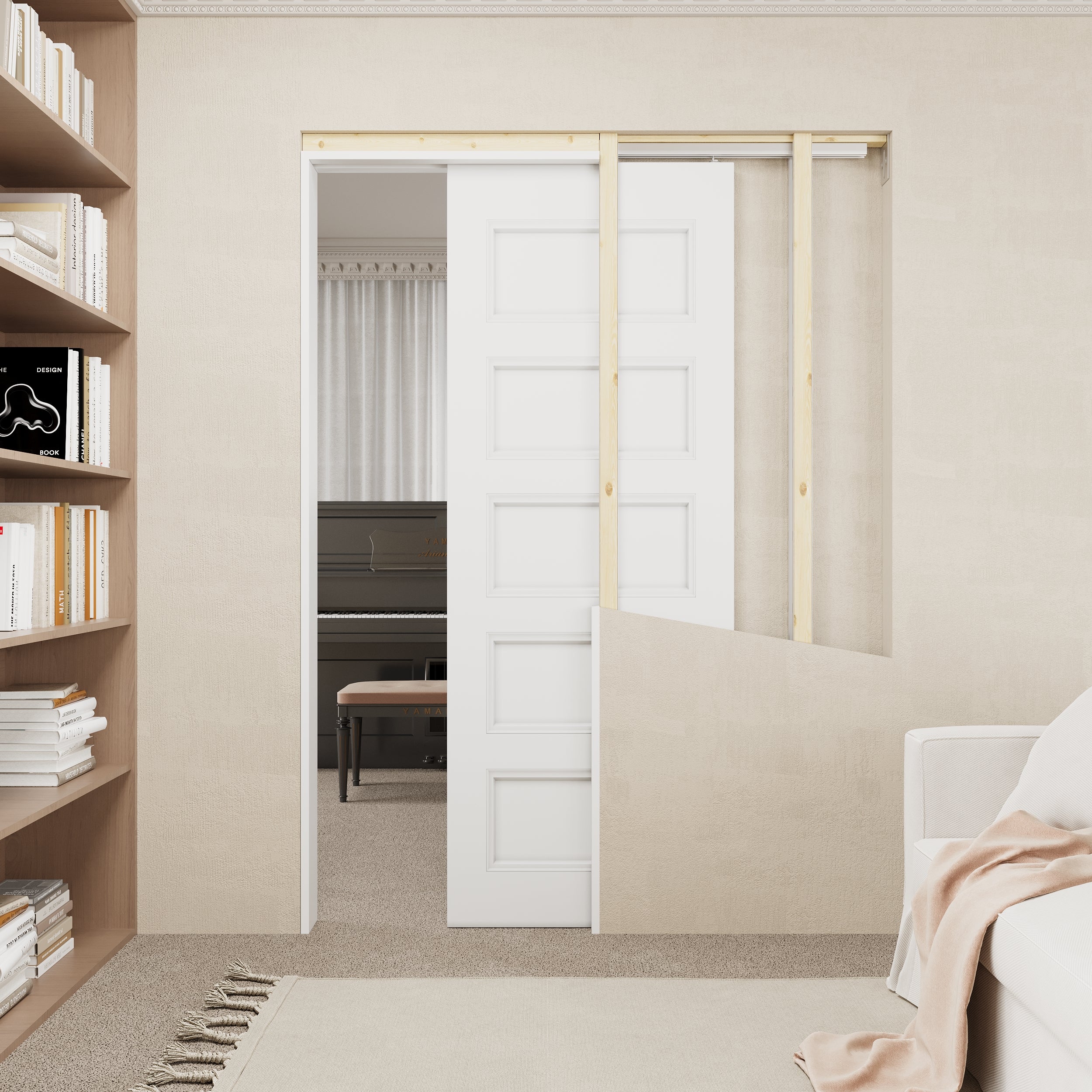 Ark Design 5 lite Panel Pocket Door with Hardware Kit & Soft Close & Frame, Solid Core MDF Wood & Paint-grade Finished, White