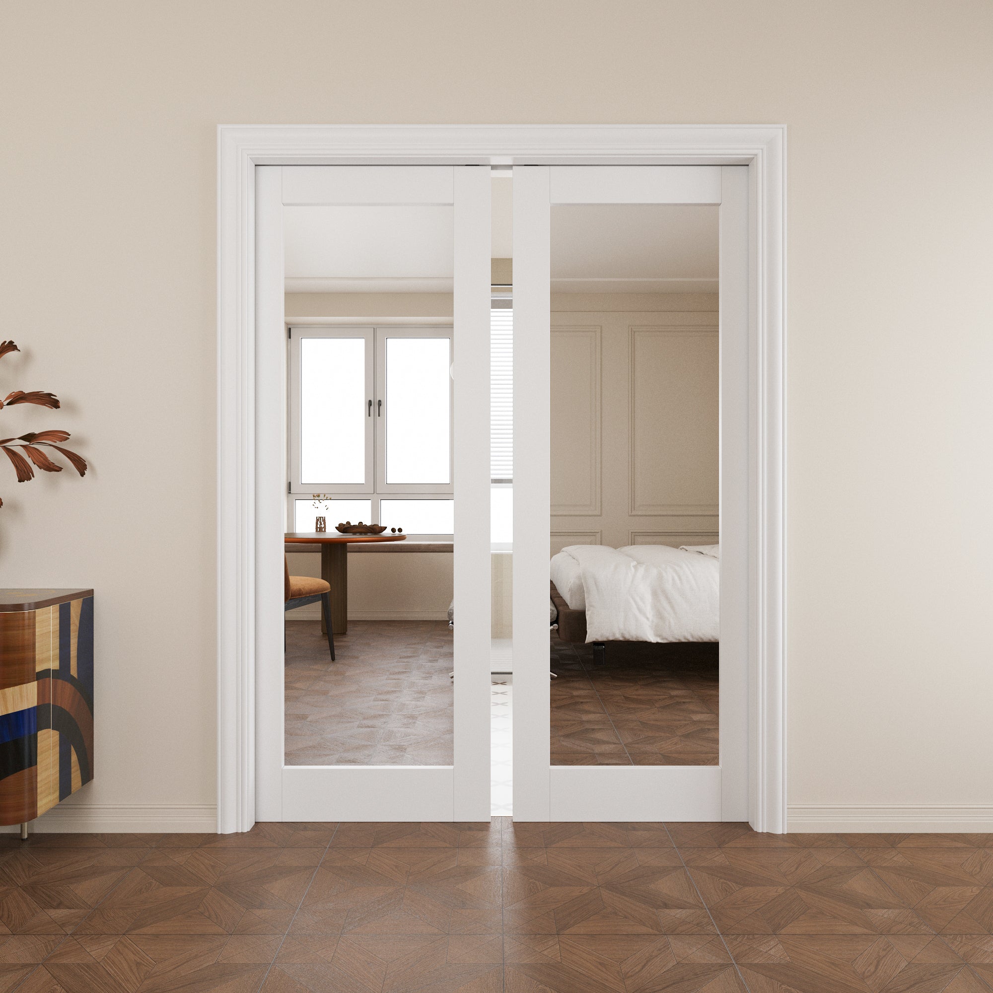 Ark Design 1-Lite One Side Mirror Pocket Door with Hardware Kit & Soft Close & Frame, Solid Core MDF Wood & Paint-grade Finished, White