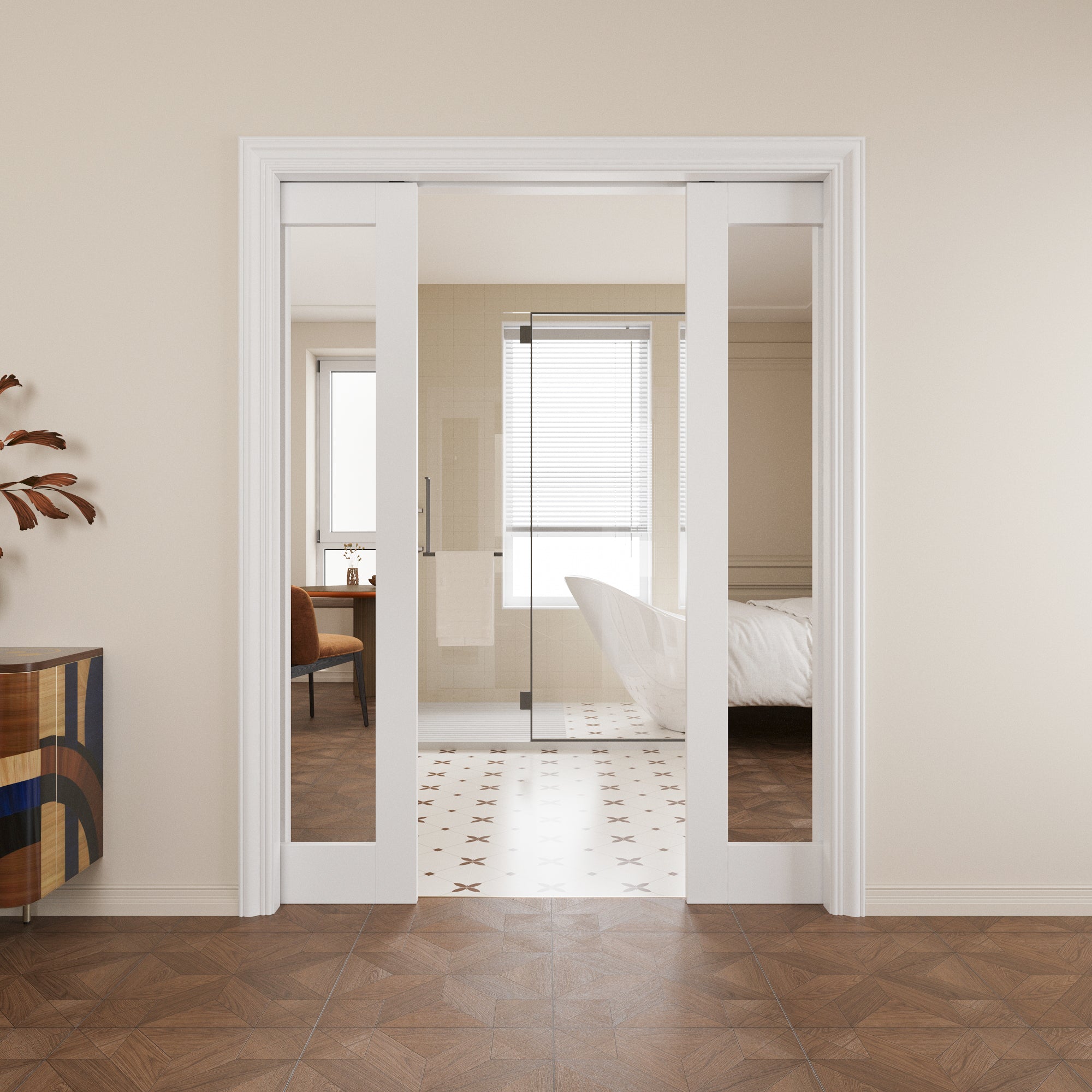 Ark Design 1-Lite One Side Mirror Pocket Door with Hardware Kit & Soft Close & Frame, Solid Core MDF Wood & Paint-grade Finished, White