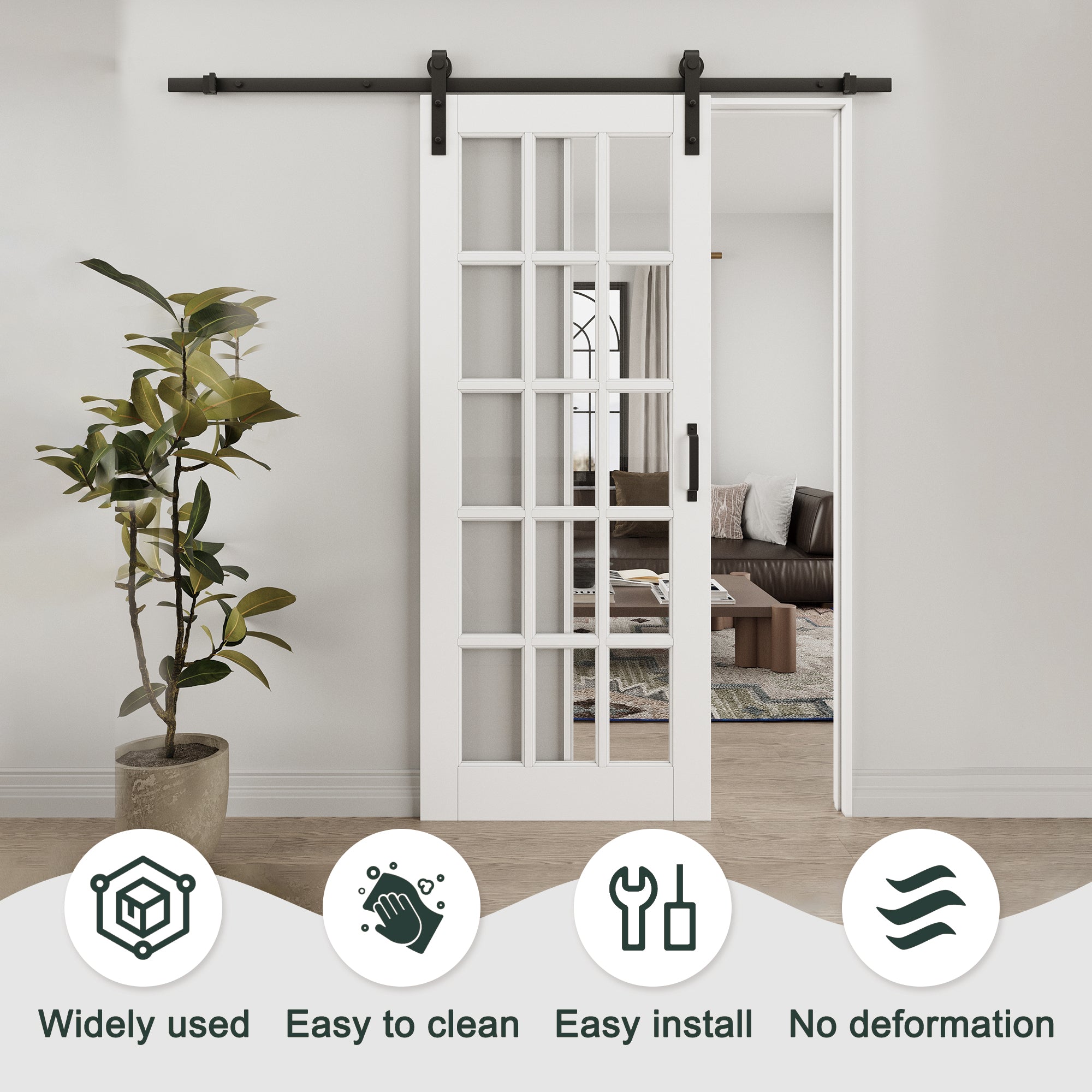 Ark Design 15-Lite Tempered Clear Glass White Primed Solid Core MDF Double Sliding Barn Door with Hardware Kit