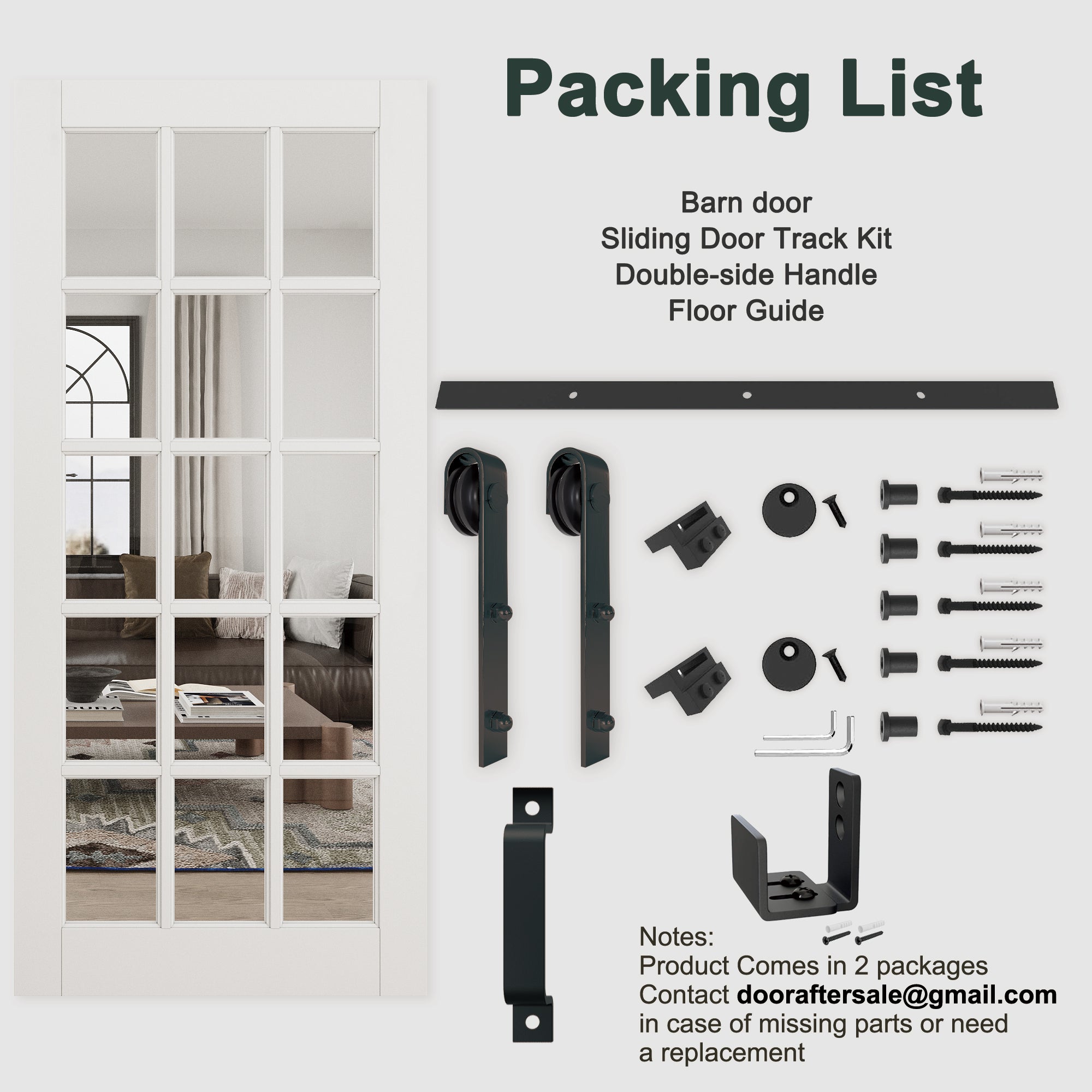 Ark Design 15-Lite Tempered Clear Glass White Primed Solid Core MDF Double Sliding Barn Door with Hardware Kit