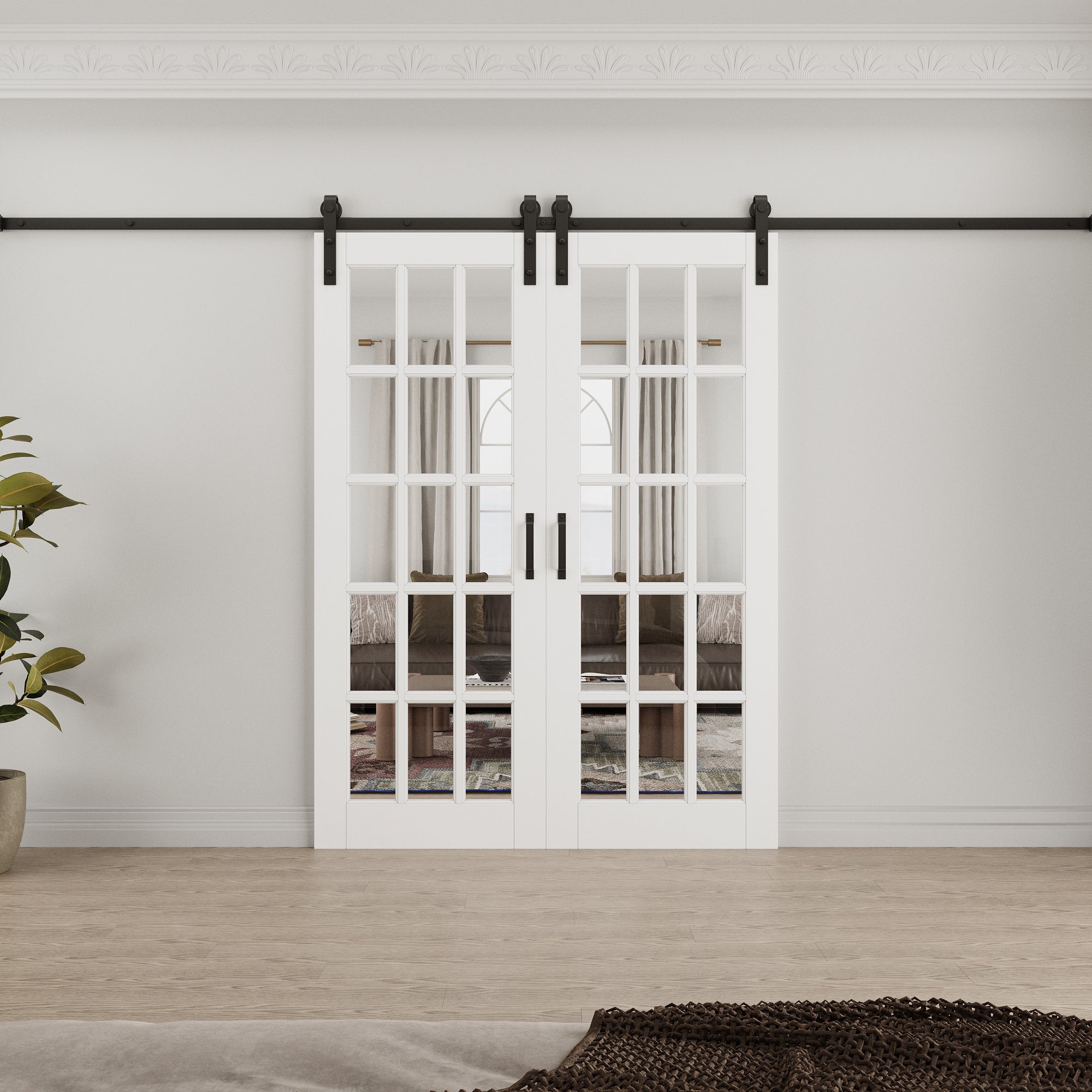 Ark Design 15-Lite Tempered Clear Glass White Primed Solid Core MDF Double Sliding Barn Door with Hardware Kit
