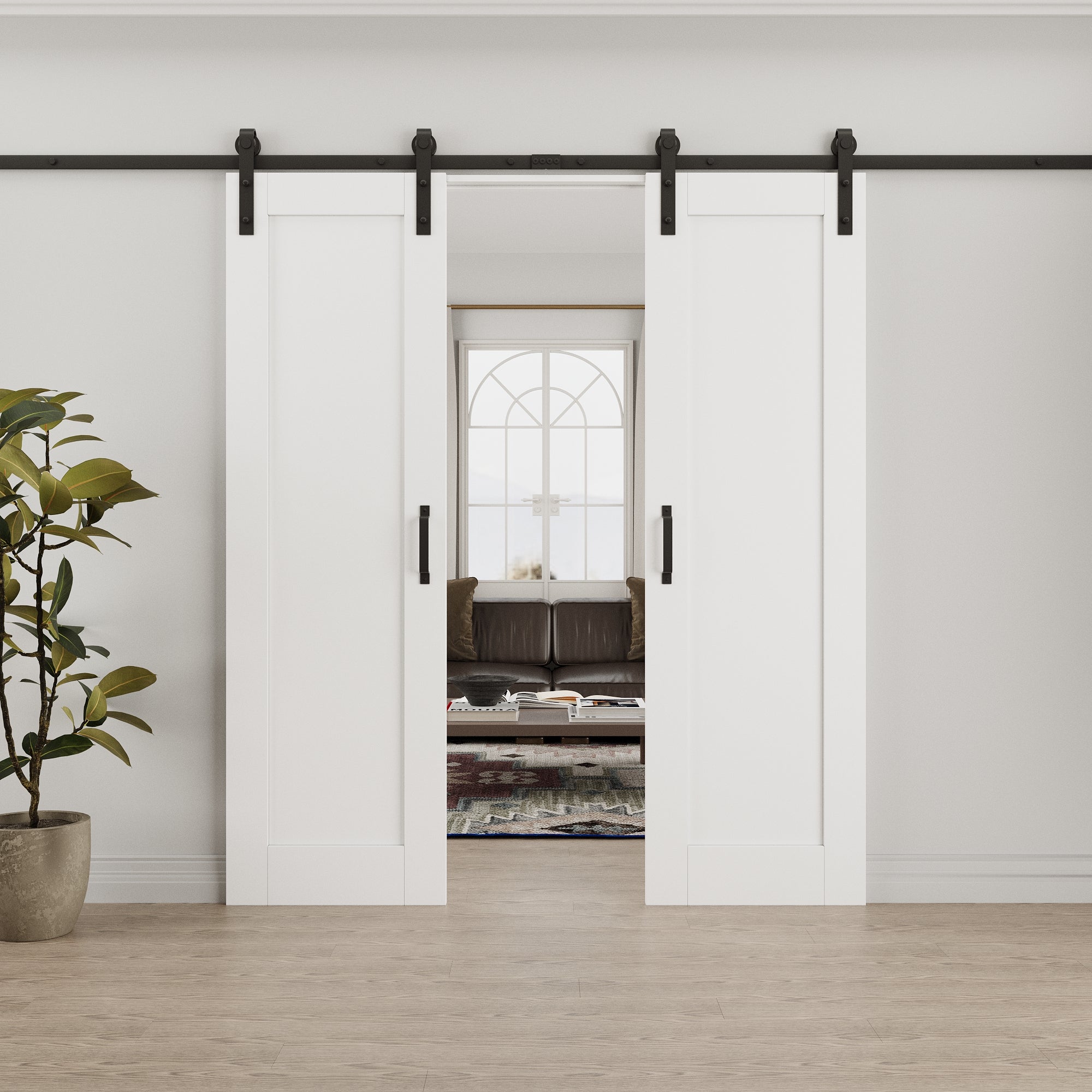 Ark Design 1-Lite Panel White Primed Paneled MDF Double Sliding Barn Door with Hardware Kit