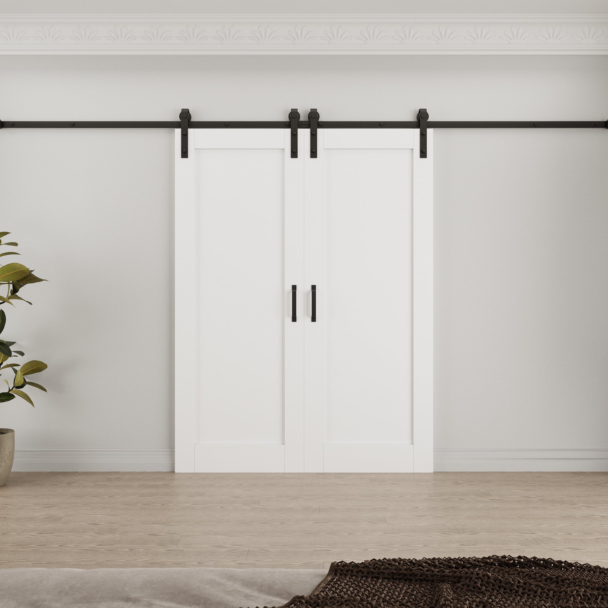 Ark Design 1-Lite Panel White Primed Paneled MDF Double Sliding Barn Door with Hardware Kit