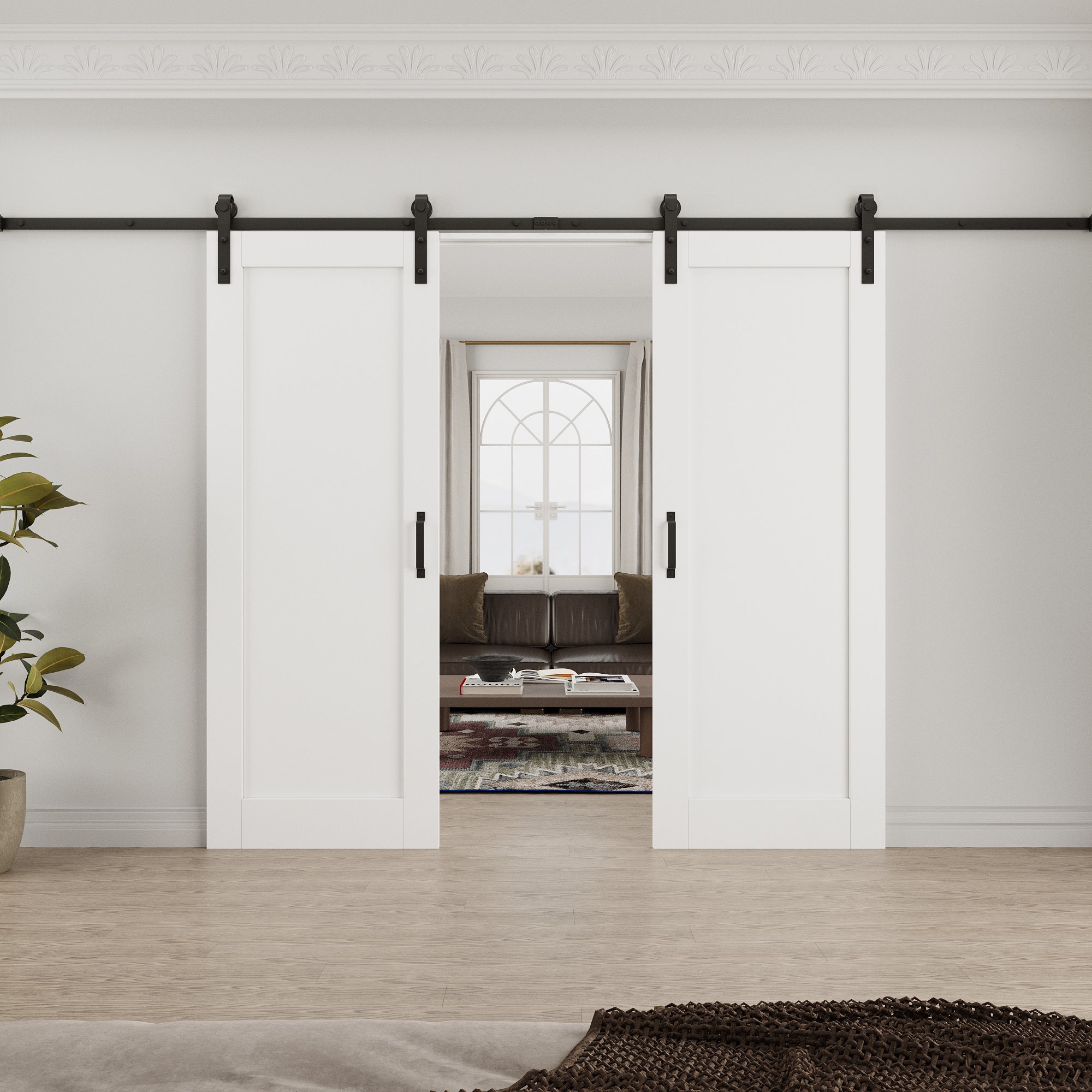 Ark Design 1-Lite Panel White Primed Paneled MDF Double Sliding Barn Door with Hardware Kit