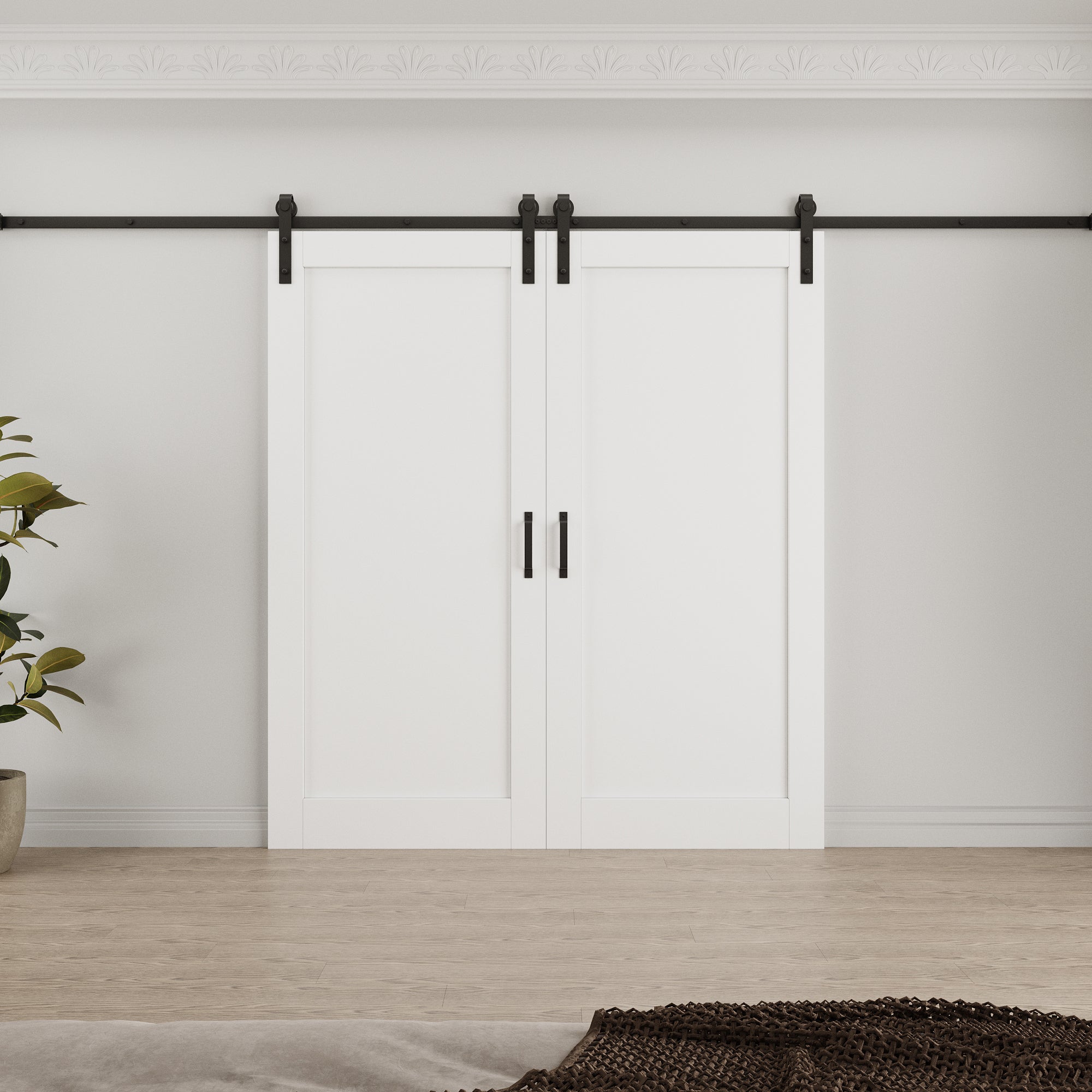 Ark Design 1-Lite Panel White Primed Paneled MDF Double Sliding Barn Door with Hardware Kit