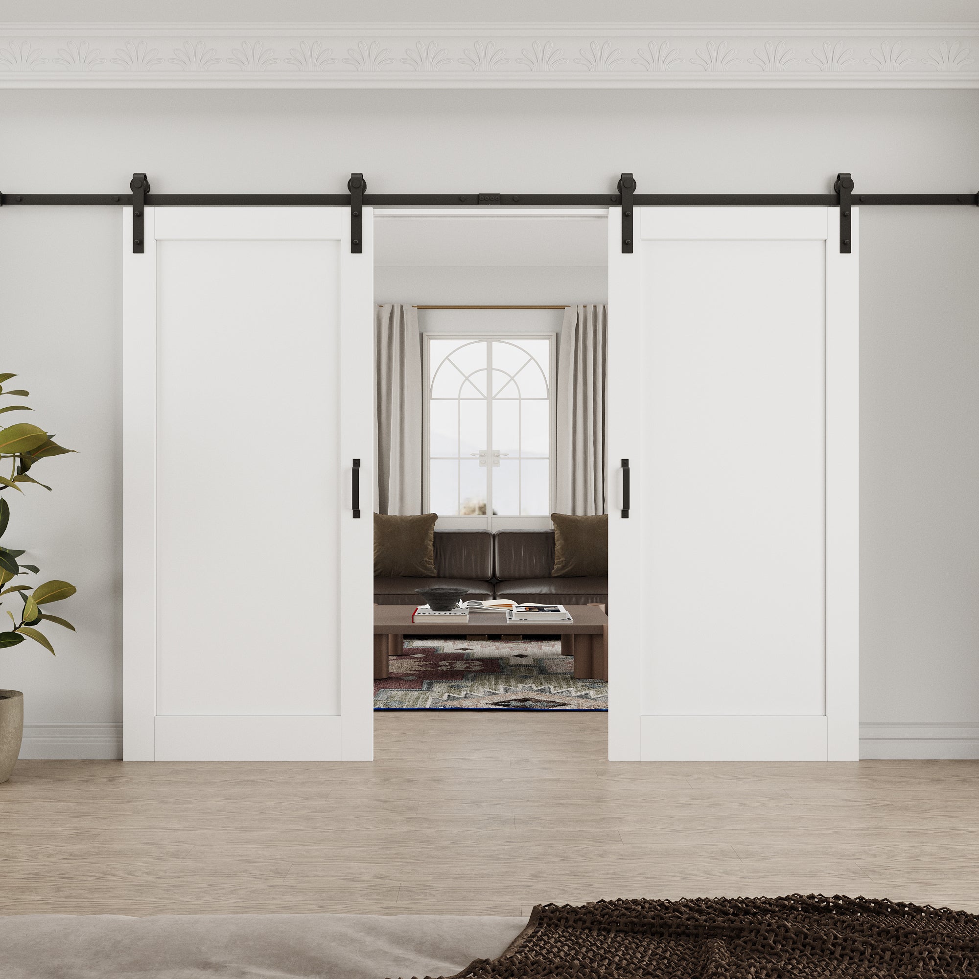 Ark Design 1-Lite Panel White Primed Paneled MDF Double Sliding Barn Door with Hardware Kit