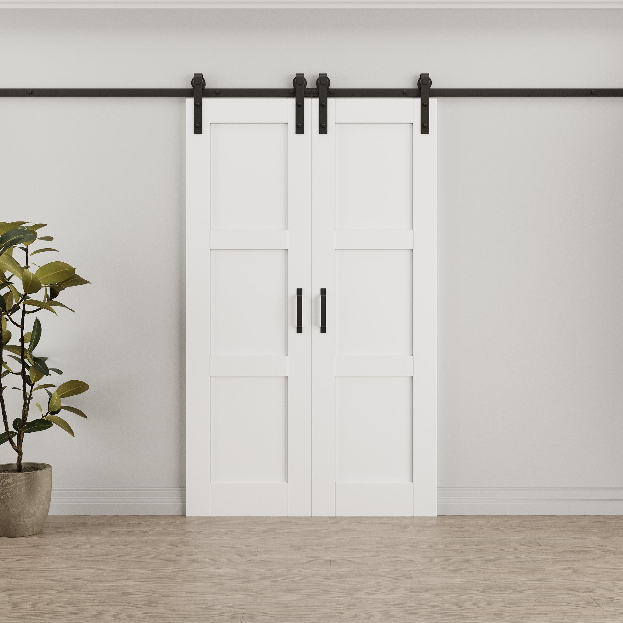 Ark Design 3-Lite Panel White Primed Paneled MDF Double Sliding Barn Door with Hardware Kit