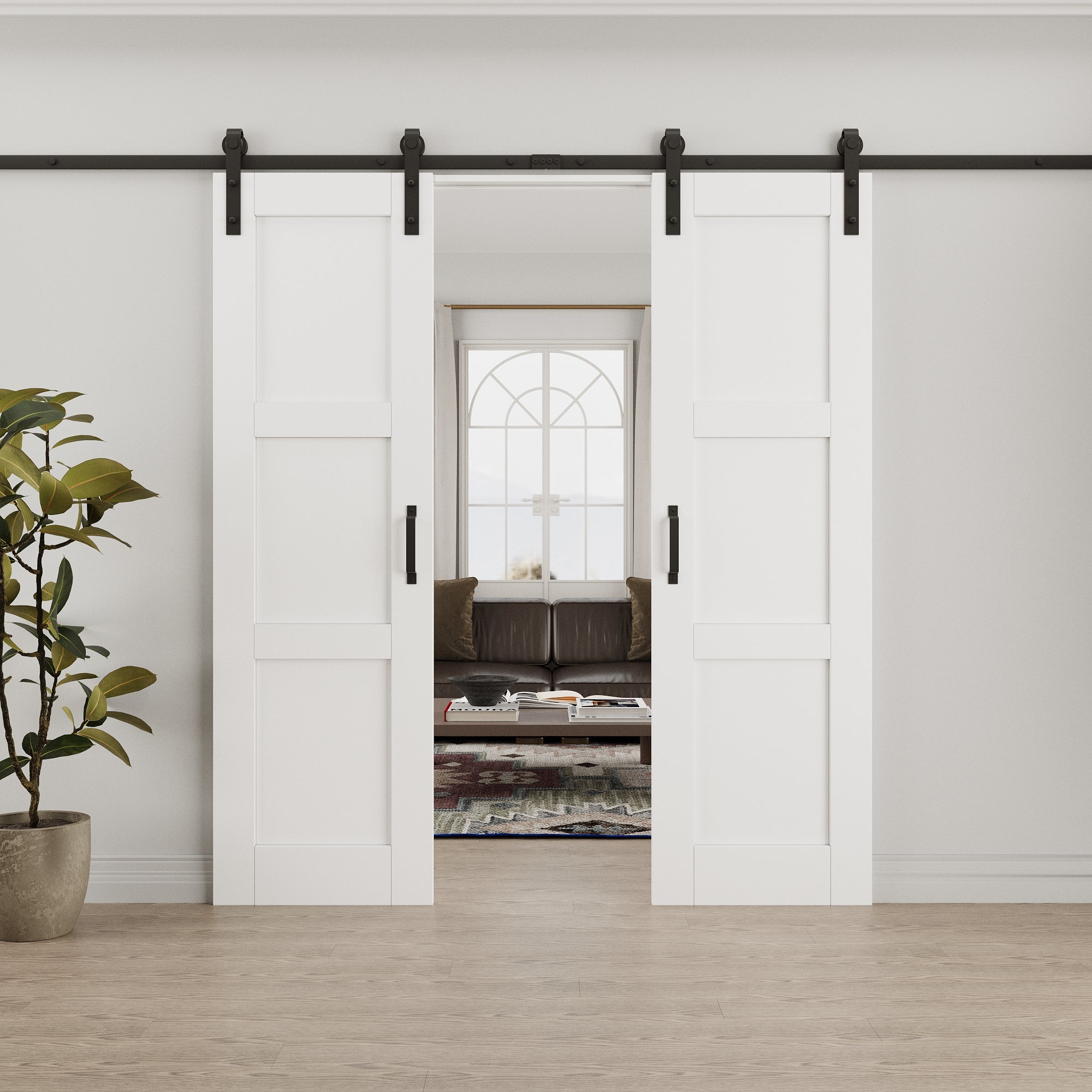 Ark Design 3-Lite Panel White Primed Paneled MDF Double Sliding Barn Door with Hardware Kit