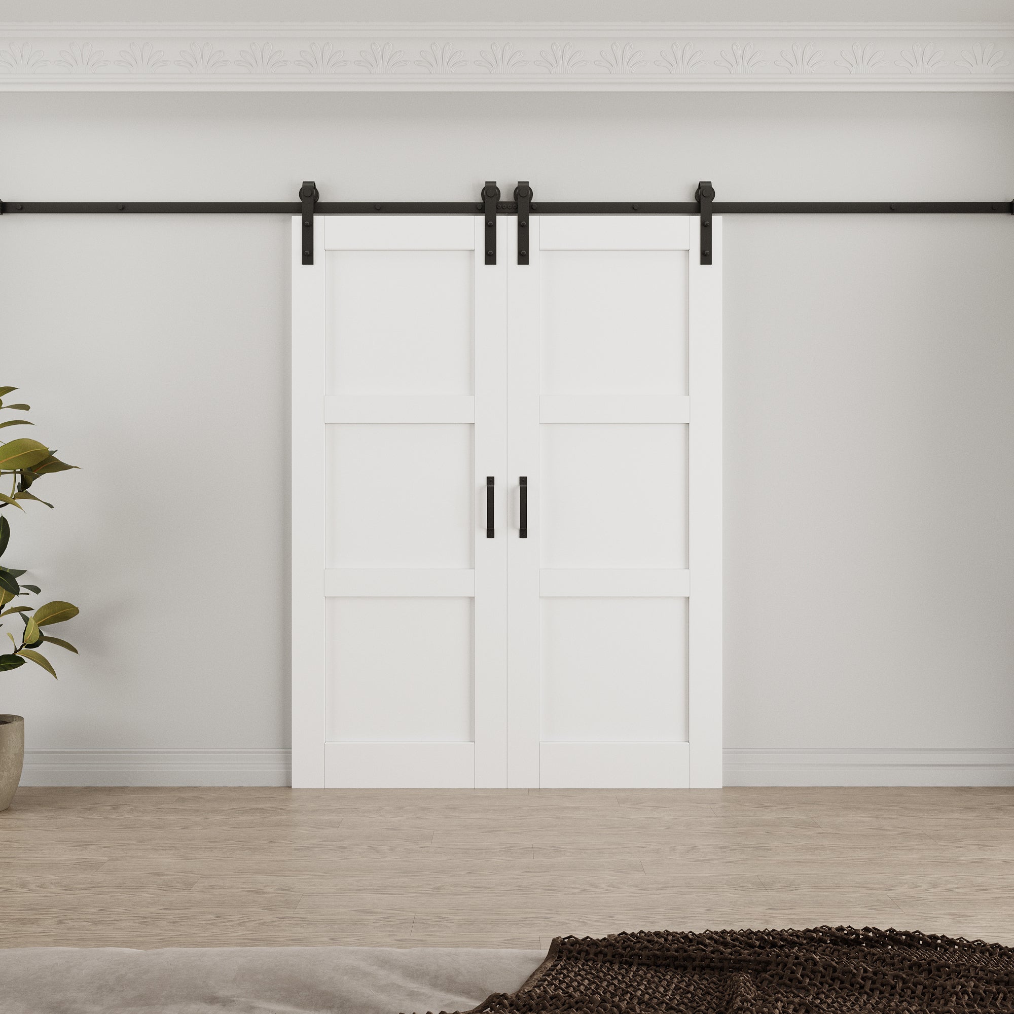 Ark Design 3-Lite Panel White Primed Paneled MDF Double Sliding Barn Door with Hardware Kit