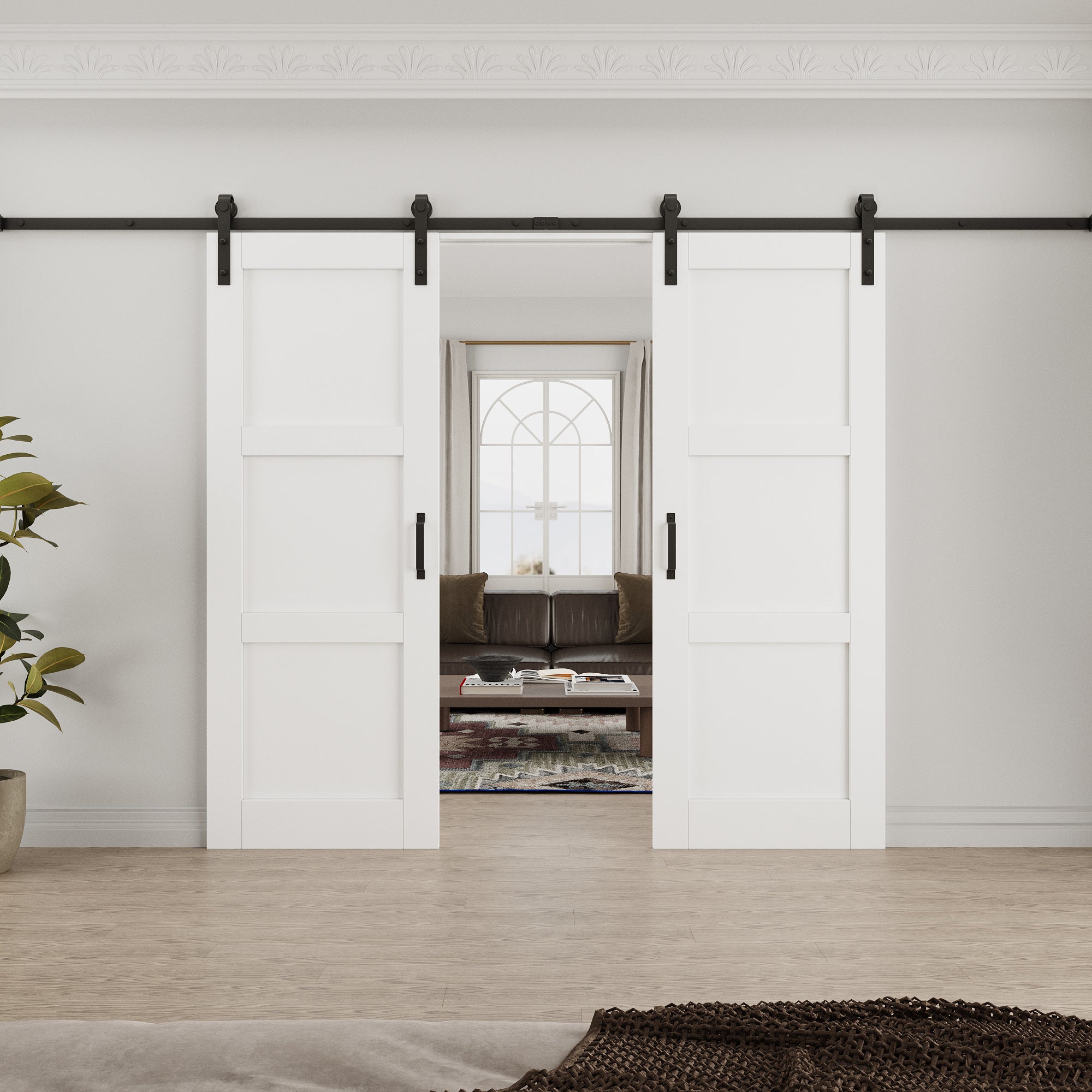 Ark Design 3-Lite Panel White Primed Paneled MDF Double Sliding Barn Door with Hardware Kit