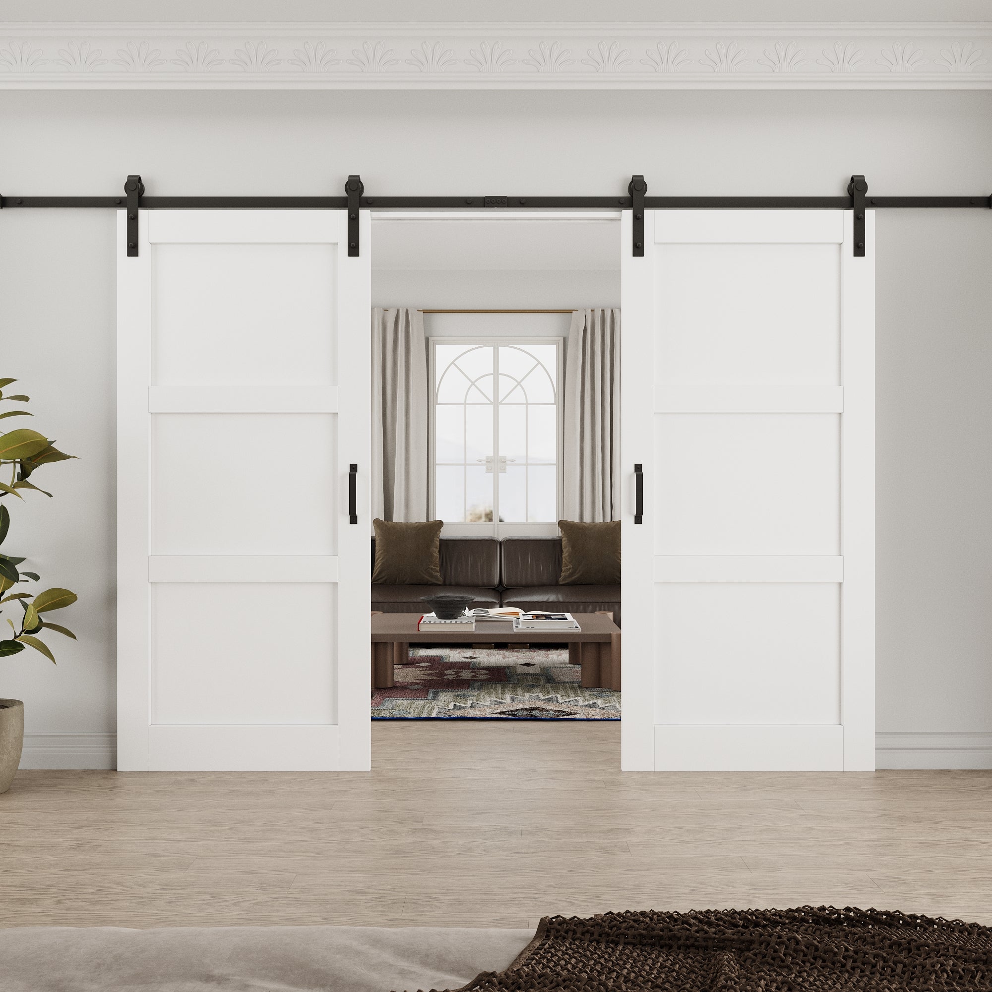 Ark Design 3-Lite Panel White Primed Paneled MDF Double Sliding Barn Door with Hardware Kit