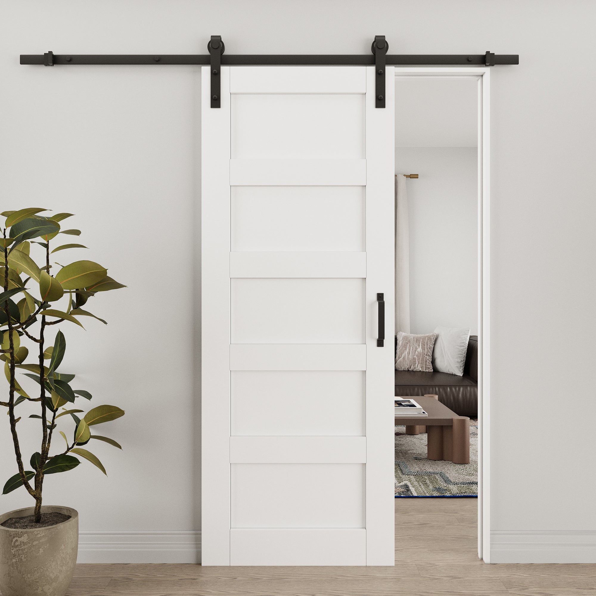 Ark Design 5-Lite Panel White Primed Paneled MDF Sliding Barn Door with Hardware Kit